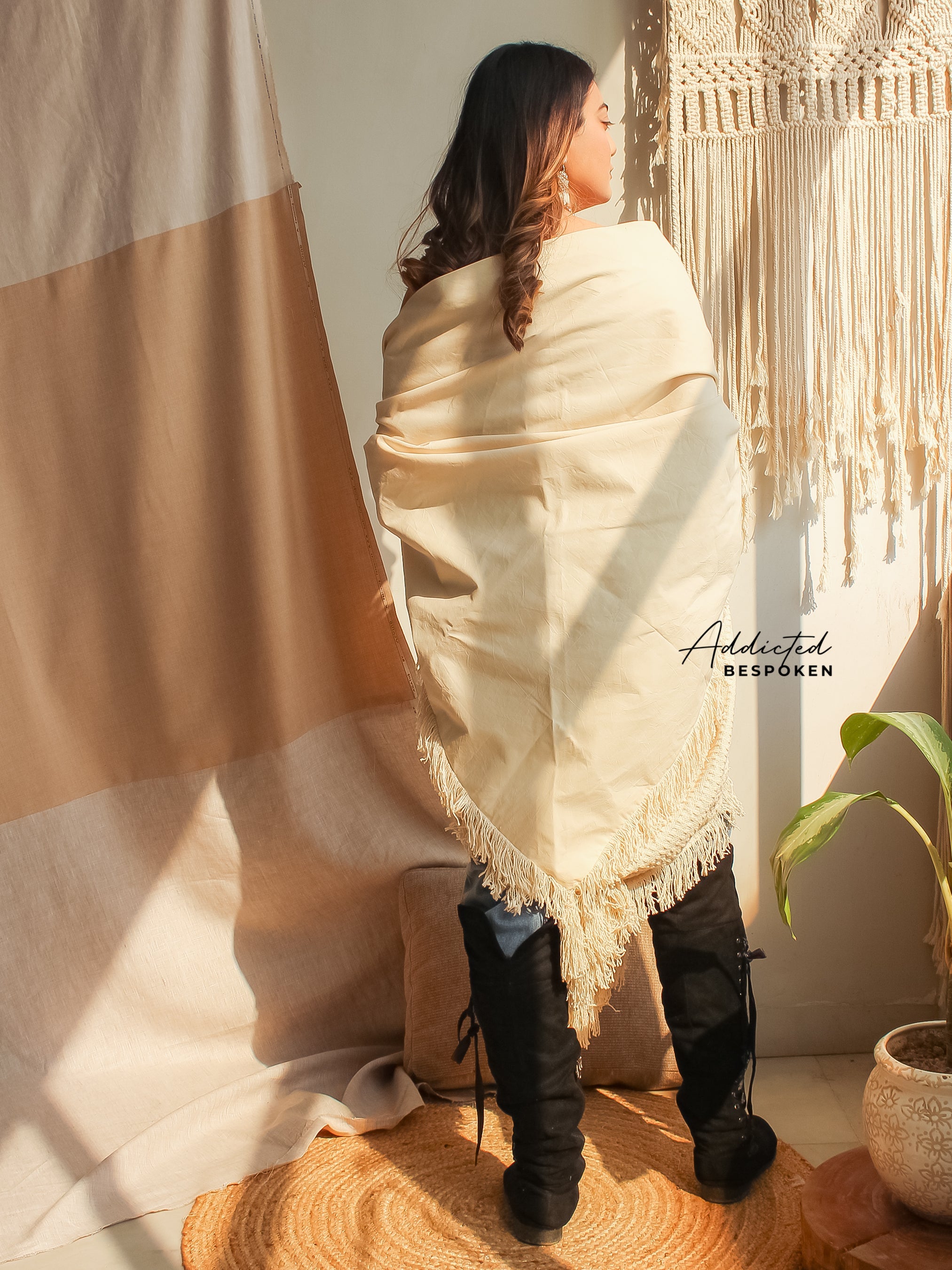 Back view of Tribal Boho Fringes Shawl with long fringes – boho chic layering accessory