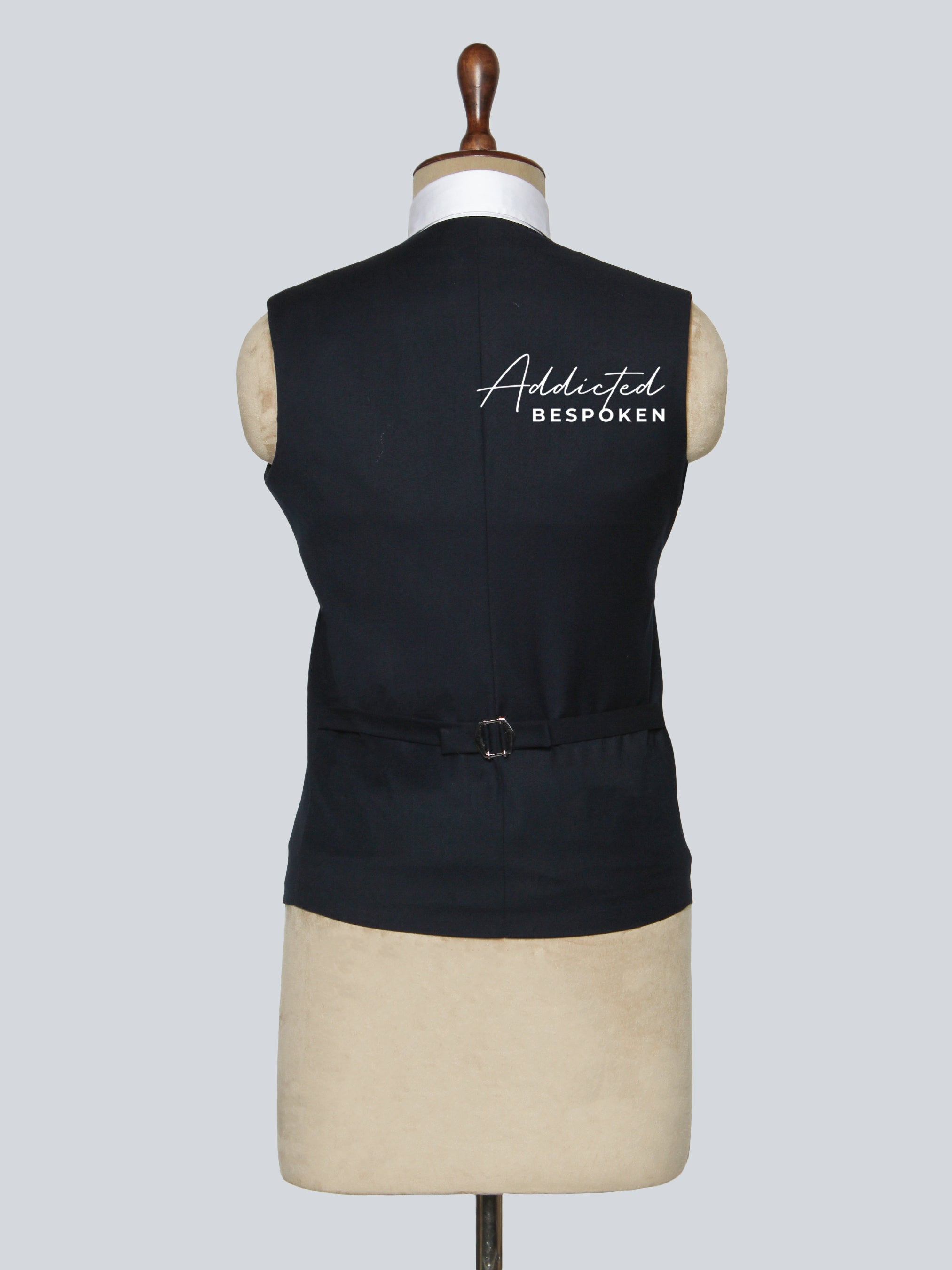 Signature classic formal suit vest back view – adjustable strap detail on tailored black waistcoat