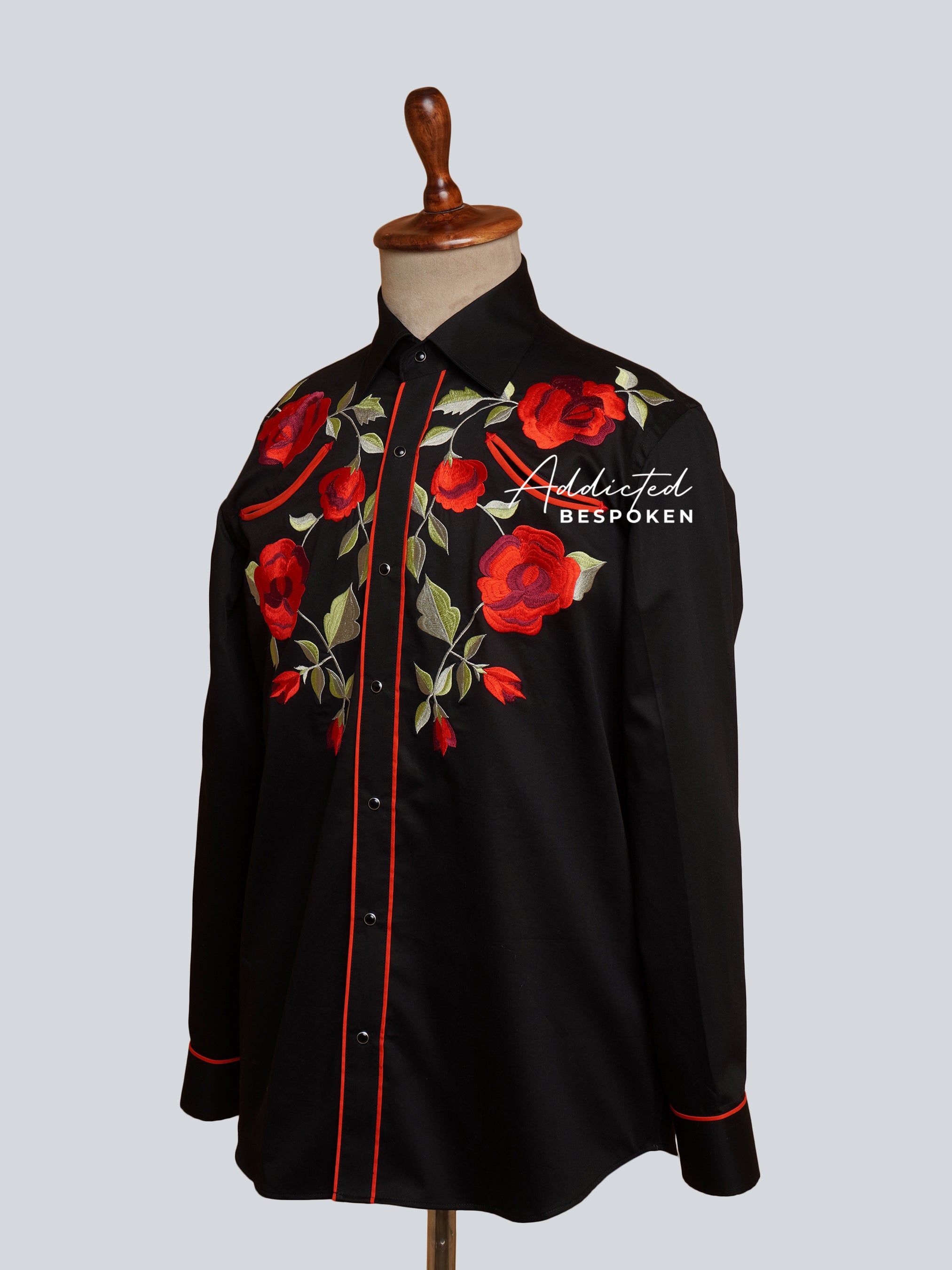 Rear angled view of black embroidered western shirt with floral details β Addicted Bespoken