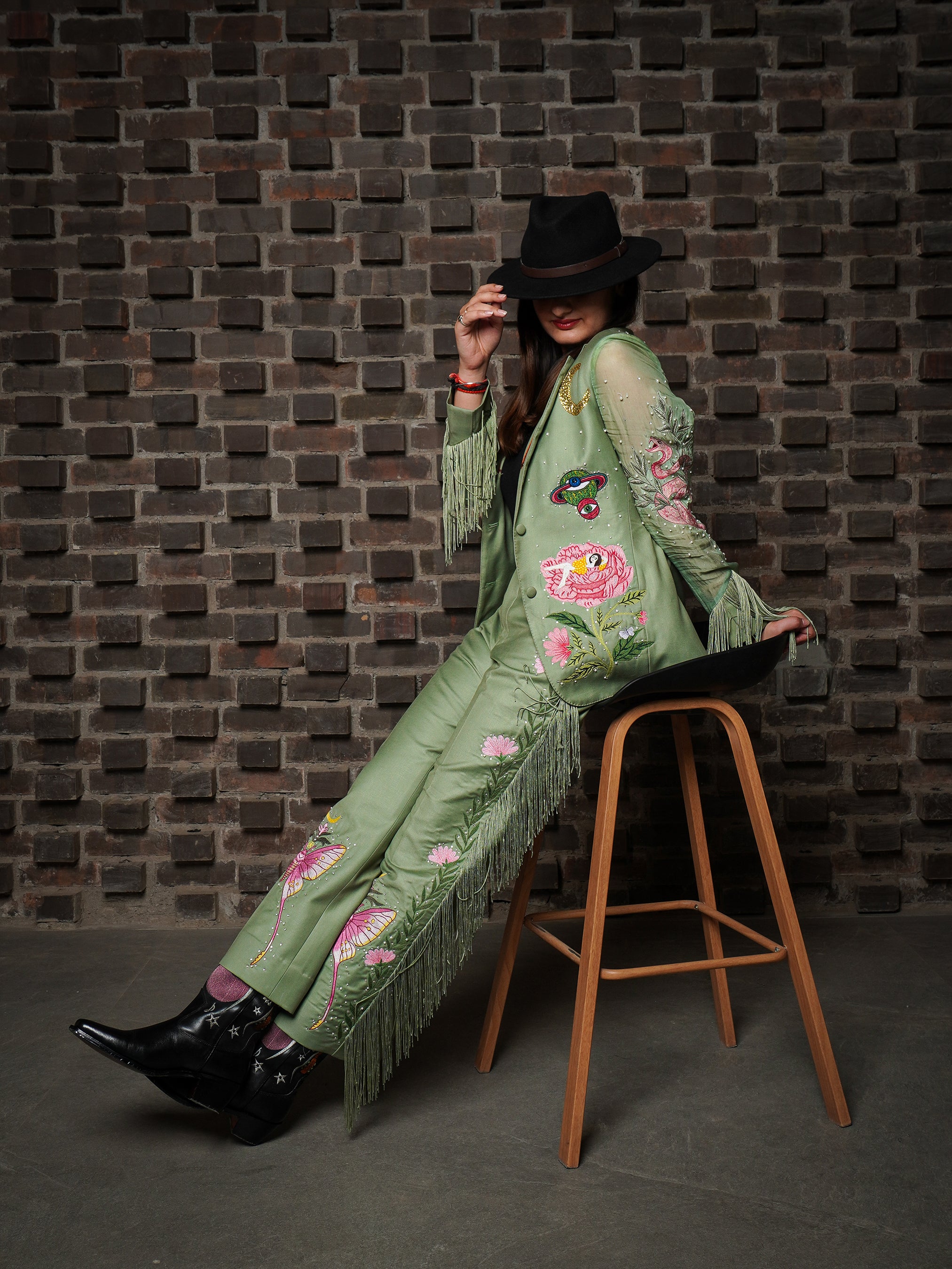 Fringed Butterfly Bloom Embroidered Suit