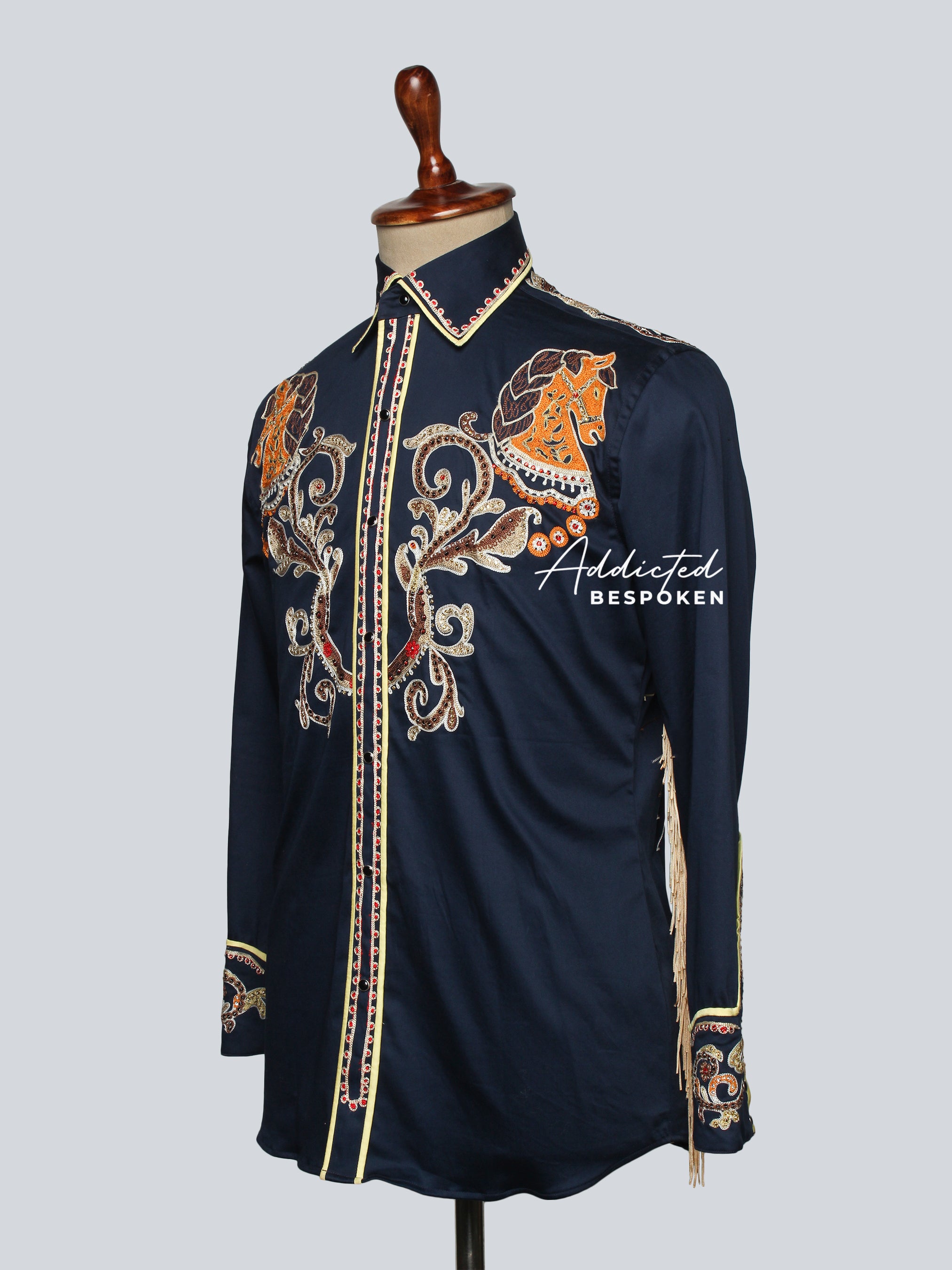 Side mannequin view of navy embroidered western shirt with golden embroidery β Addicted Bespoken