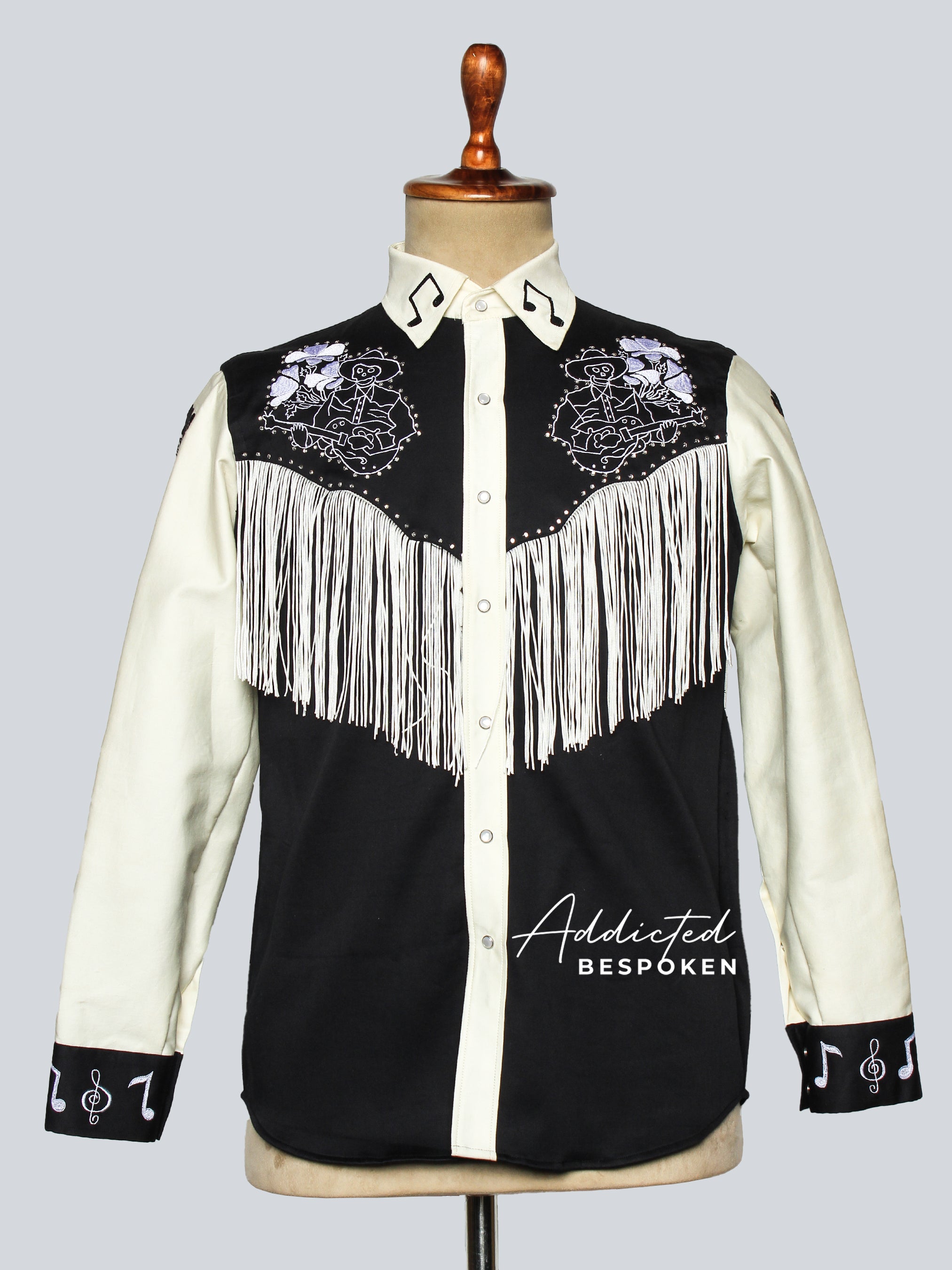 Front view of black and white western shirt with silver fringe and floral embroidery – Addicted BespokenFront view of black and white western shirt with silver fringe and floral embroidery – Addicted Bespoken