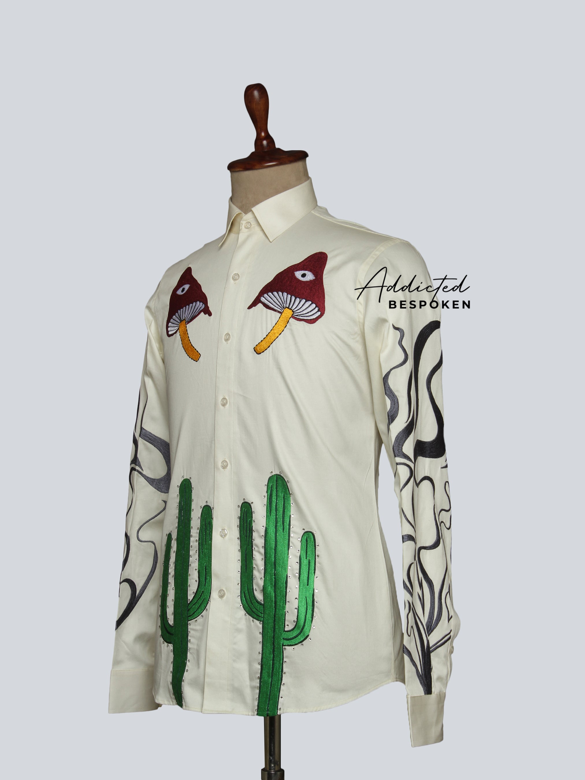 Side angled view of cream western shirt with cactus and desert embroidery โ Addicted Bespoken