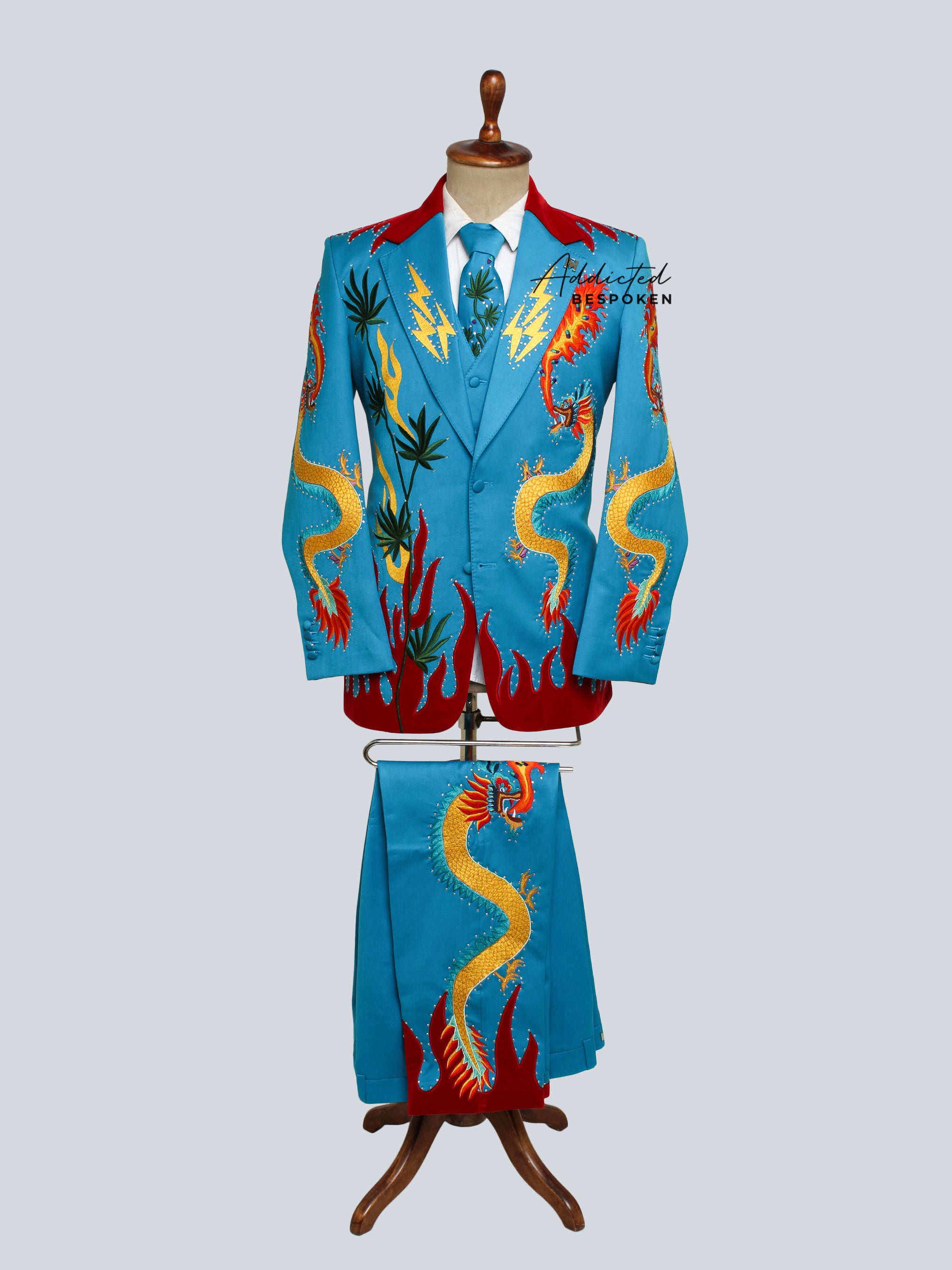 Bespoke 3-piece, Custom-made, Fiery dragon embellishments on trousers, Luxury bespoke suit.