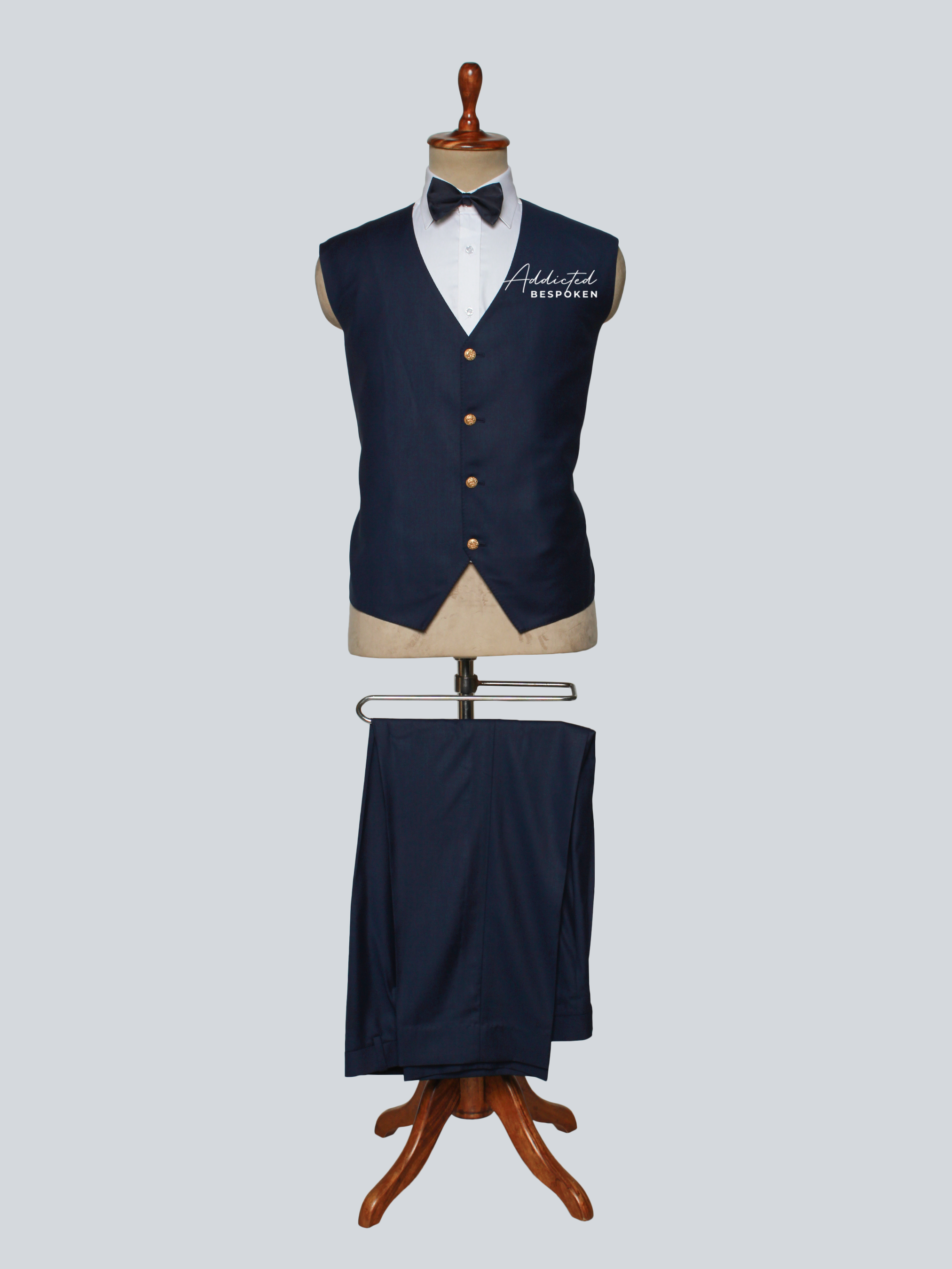 Menโs formal vest suit three-piece set โ tailored jacket, vest, and trousers by Addicted Bespoken.