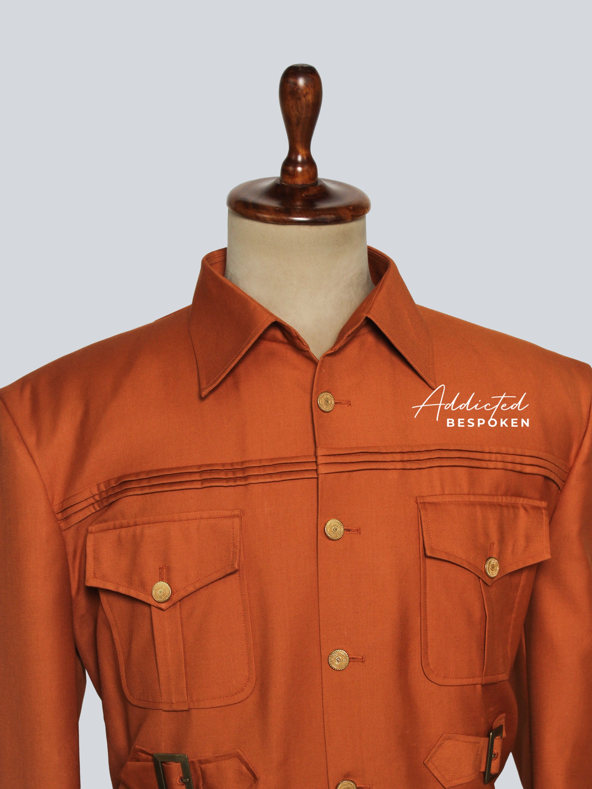 Classic safari suit collar and shoulder design โ menโs signature safari suit