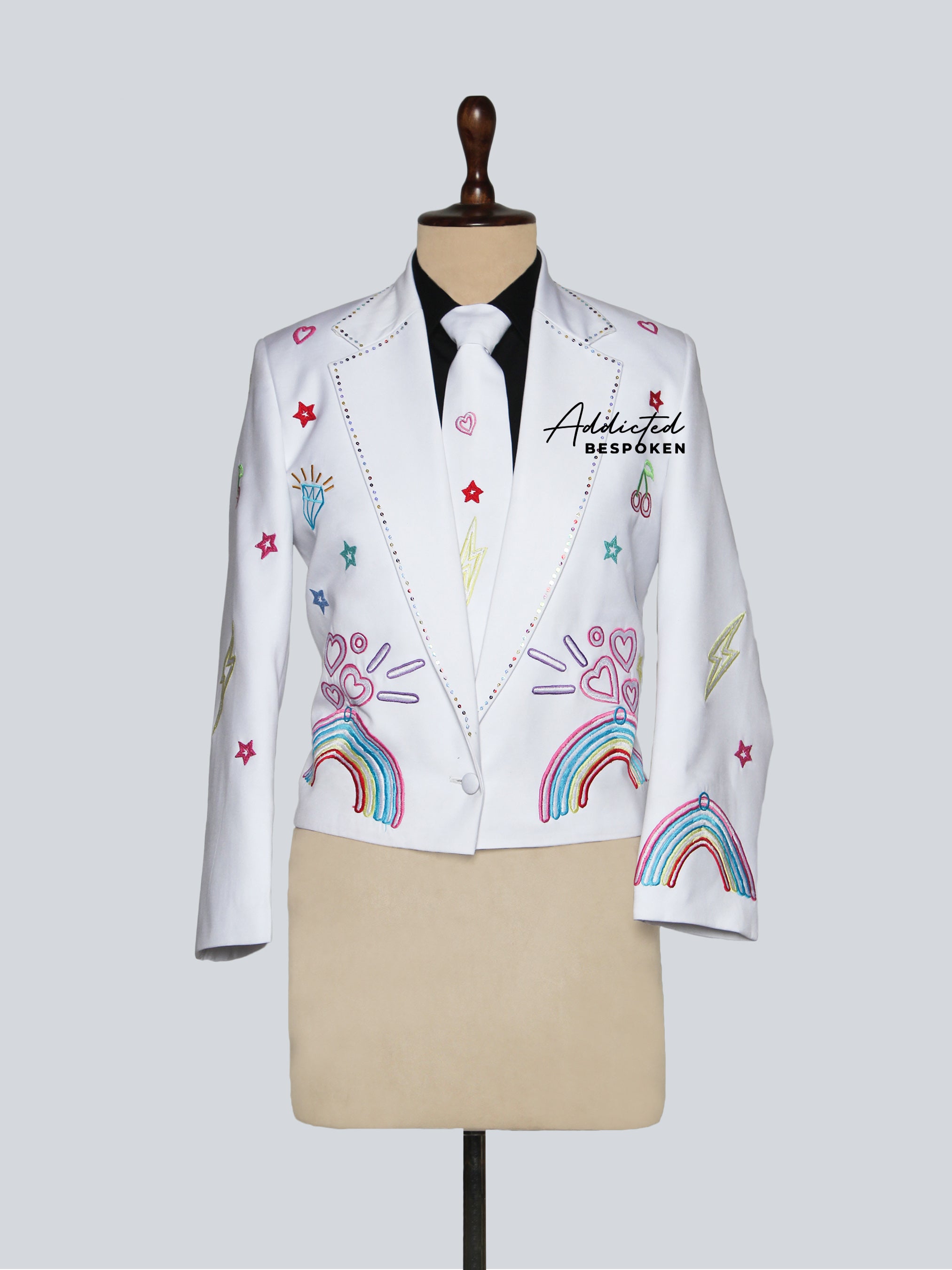 White Multicolor Doodle Embroidered Suit