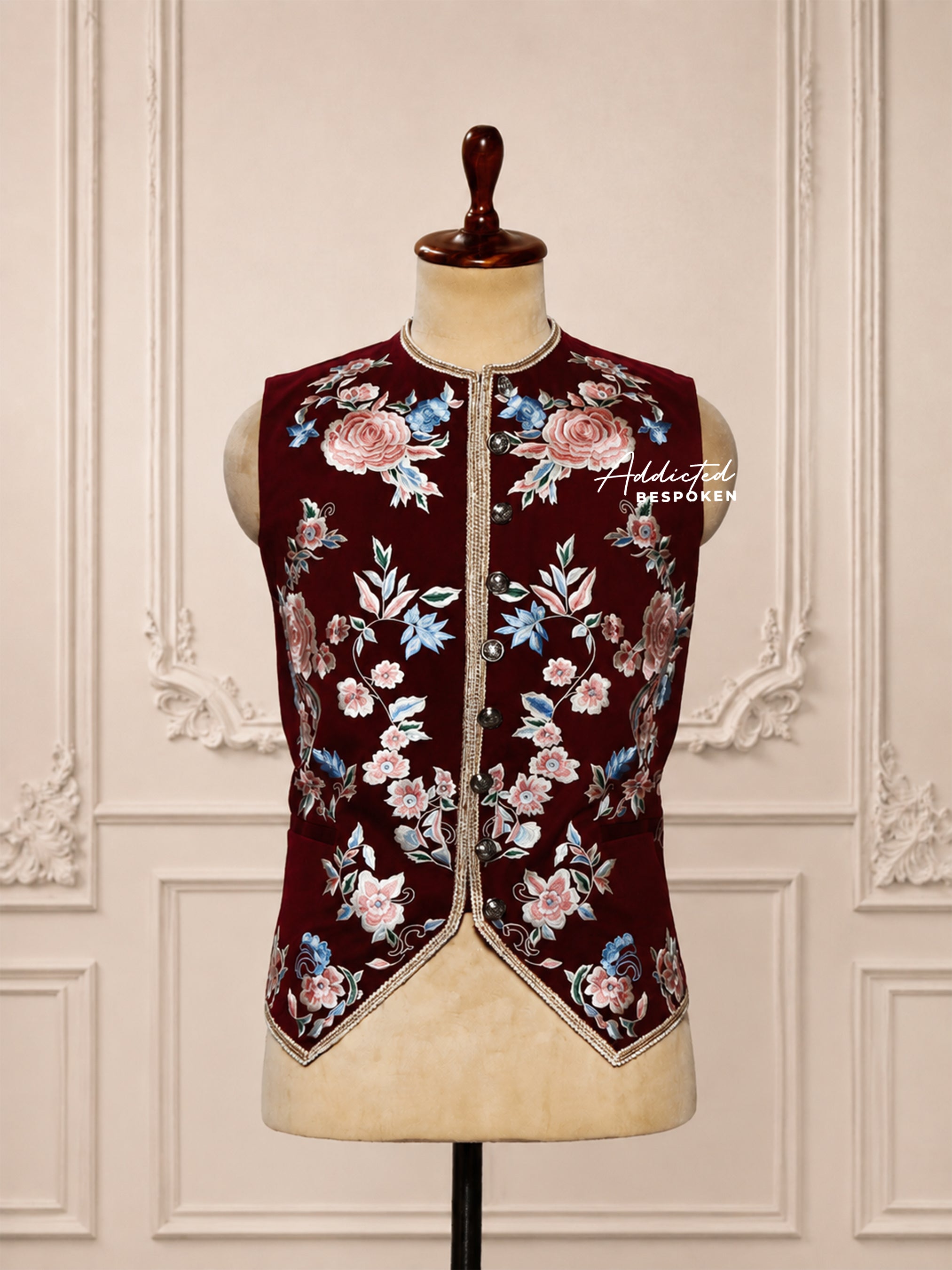 Burgundy Embroidered Men's Long Coat Addicted Bespoken