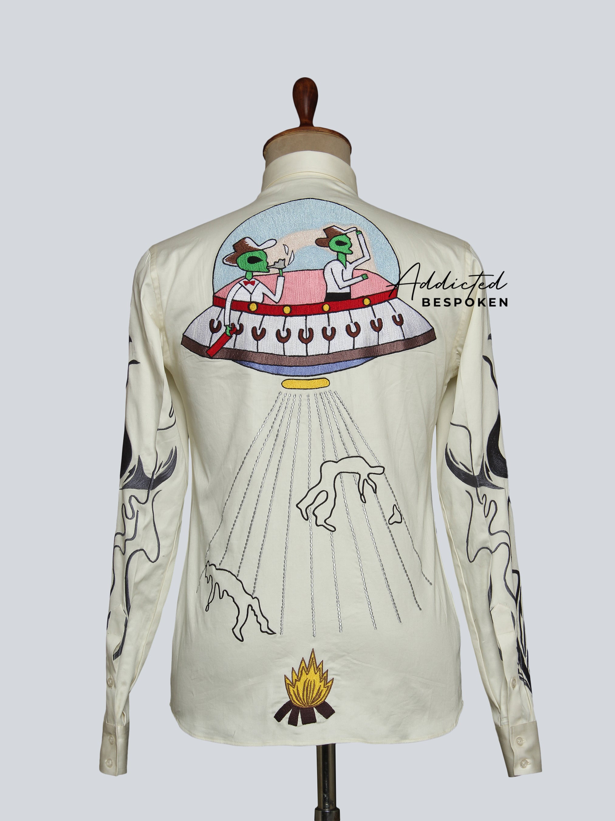 Back view of cream embroidered western shirt with colorful desert-inspired motif – Addicted Bespoken