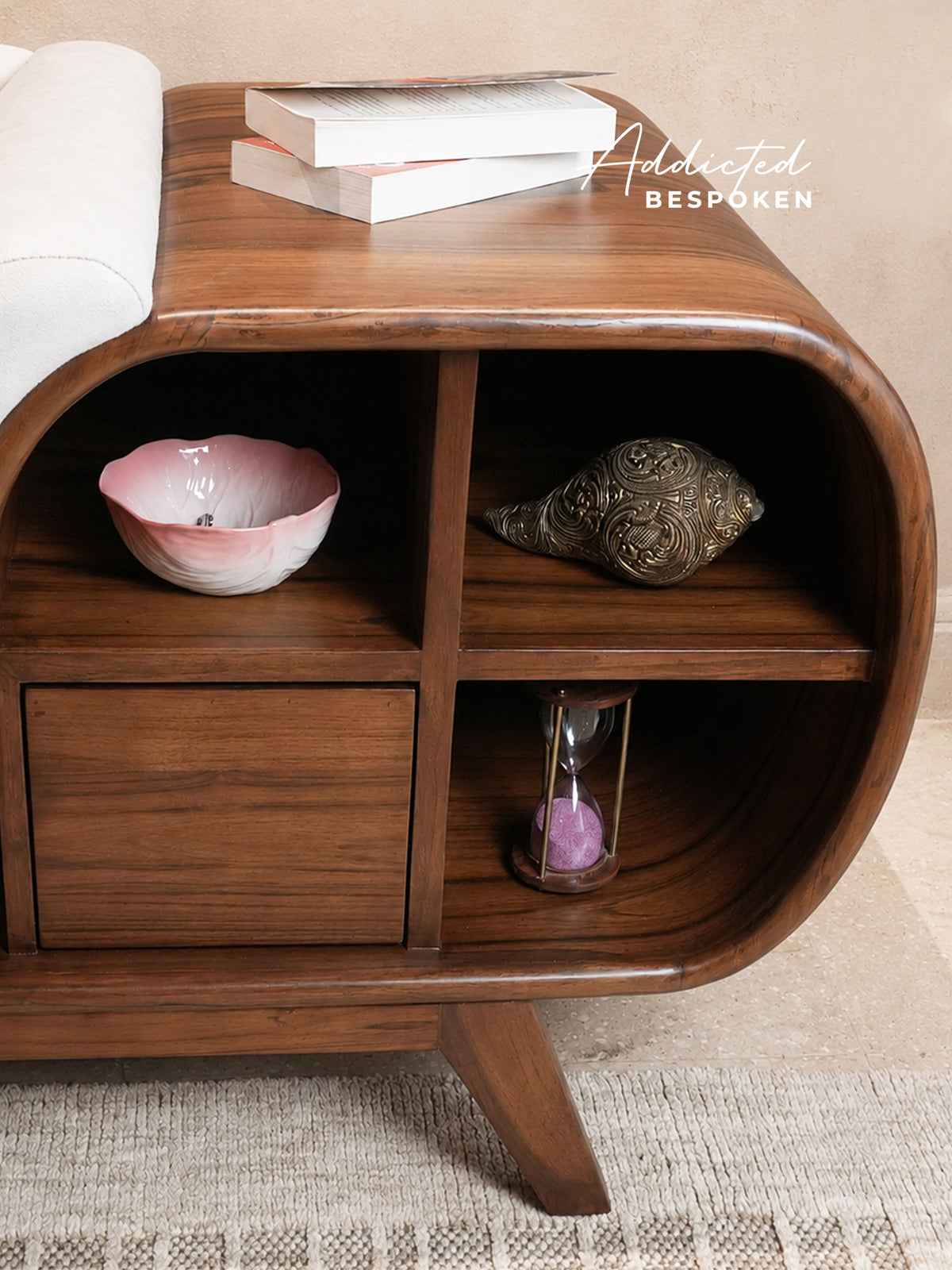 Wooden sofa with shelves