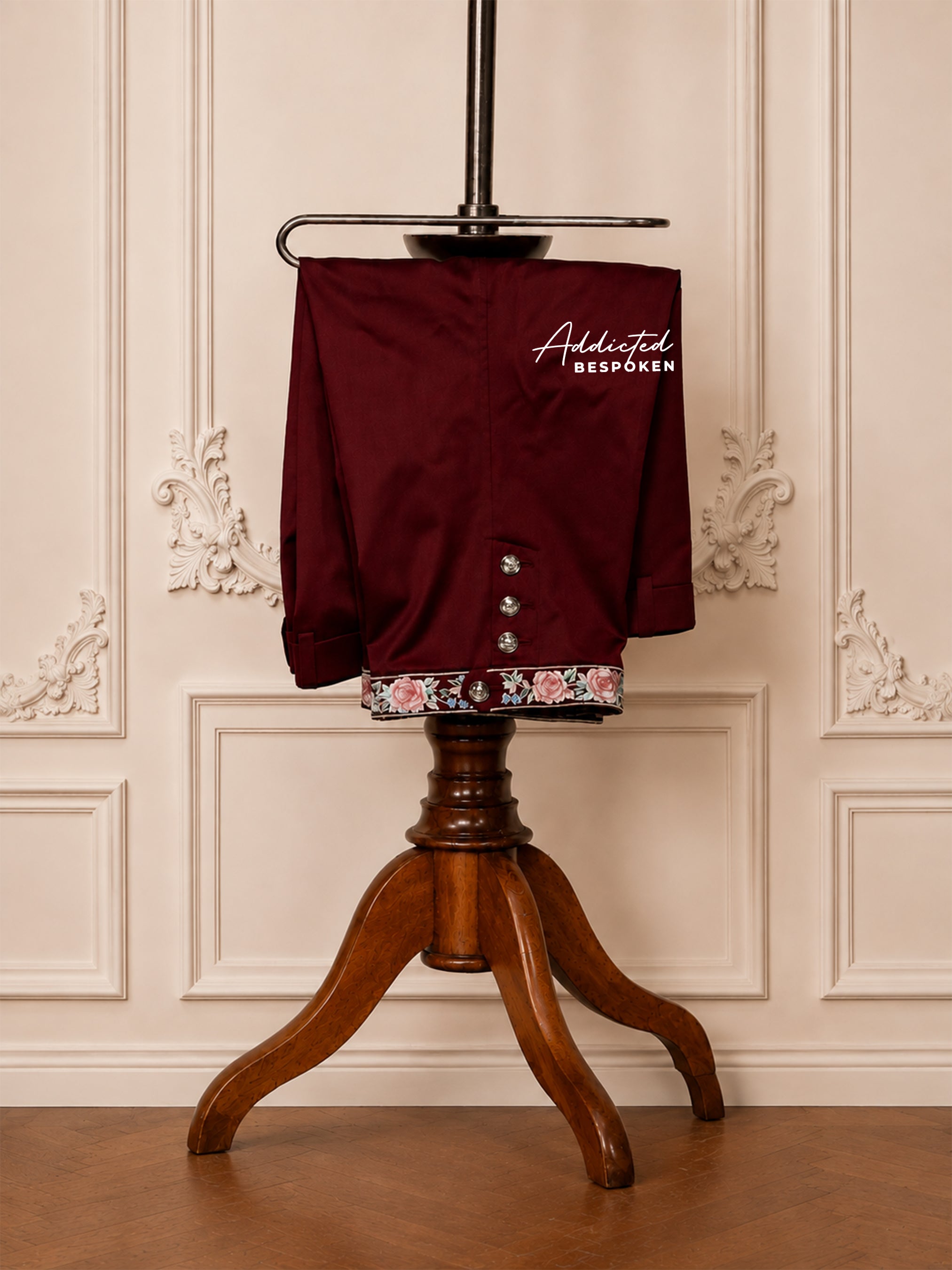Burgundy Embroidered Men's Long Coat Addicted Bespoken