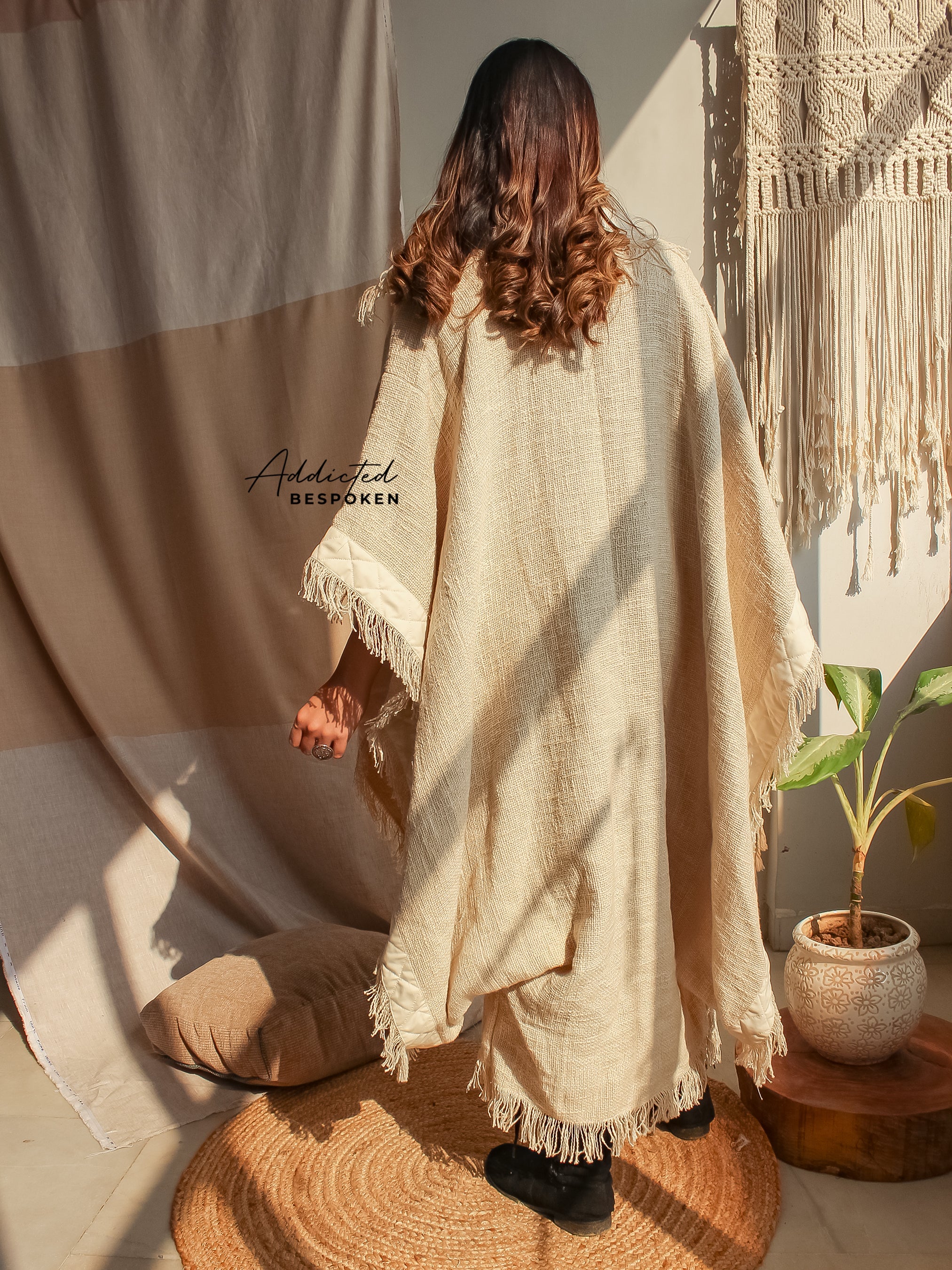 Back view of oversized Boho Bliss Kimono Coat styled with jeans – boho chic outerwear