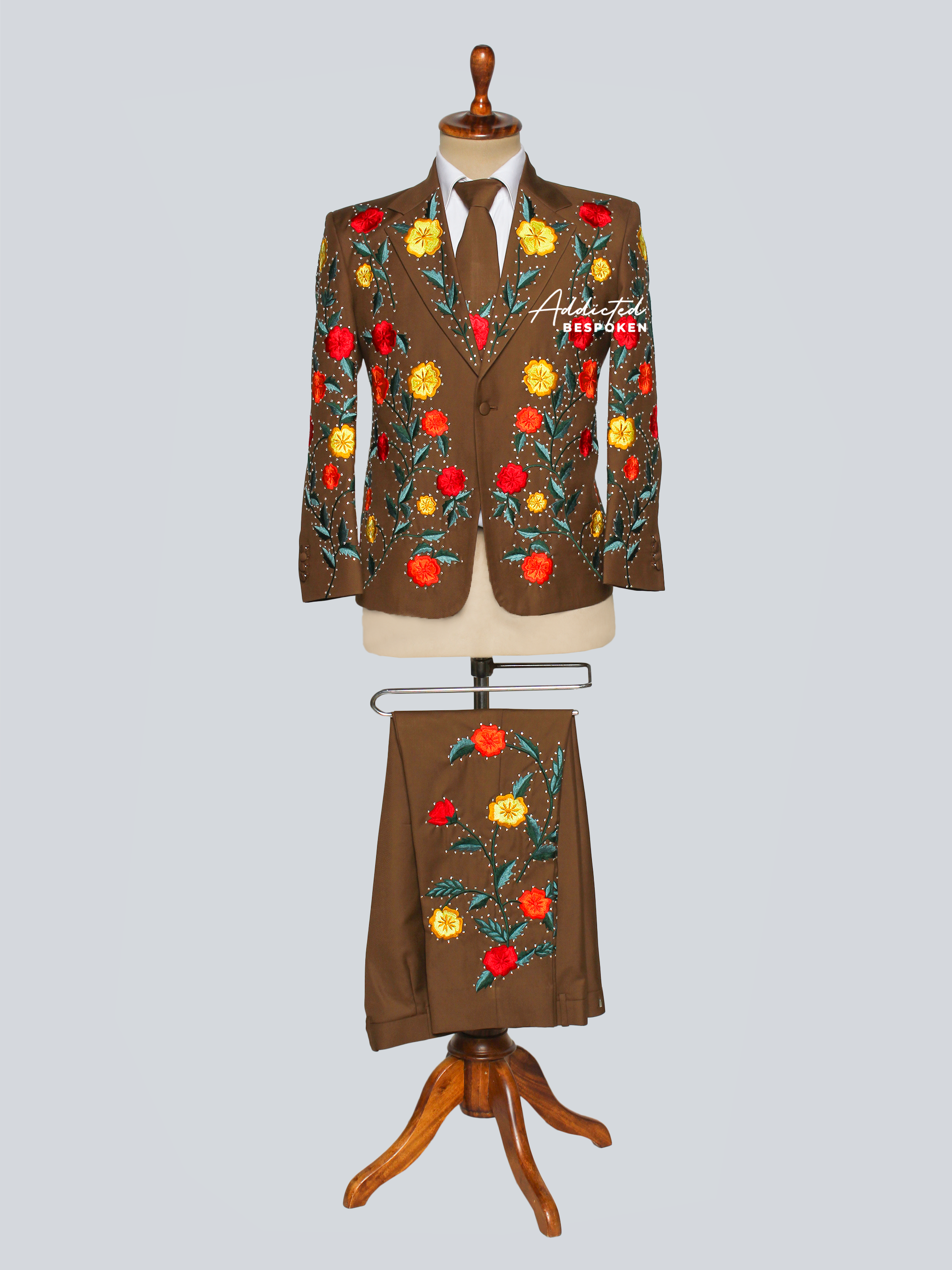 Floral Embroidered Brown Suit