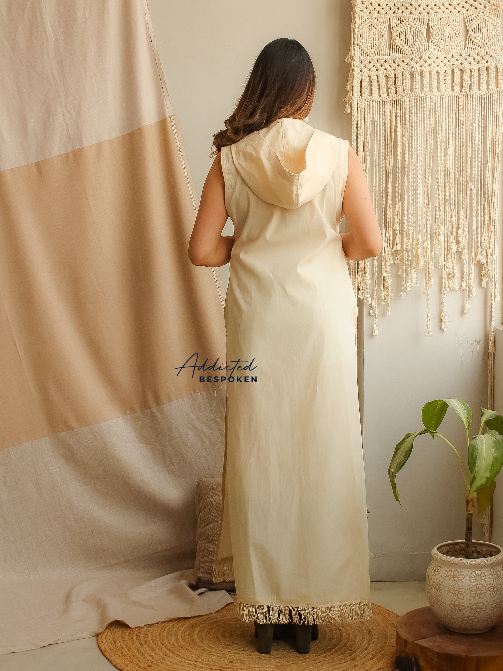 Back view of Ethereal Hooded Maxi Dress with hood – chic boho clothing design