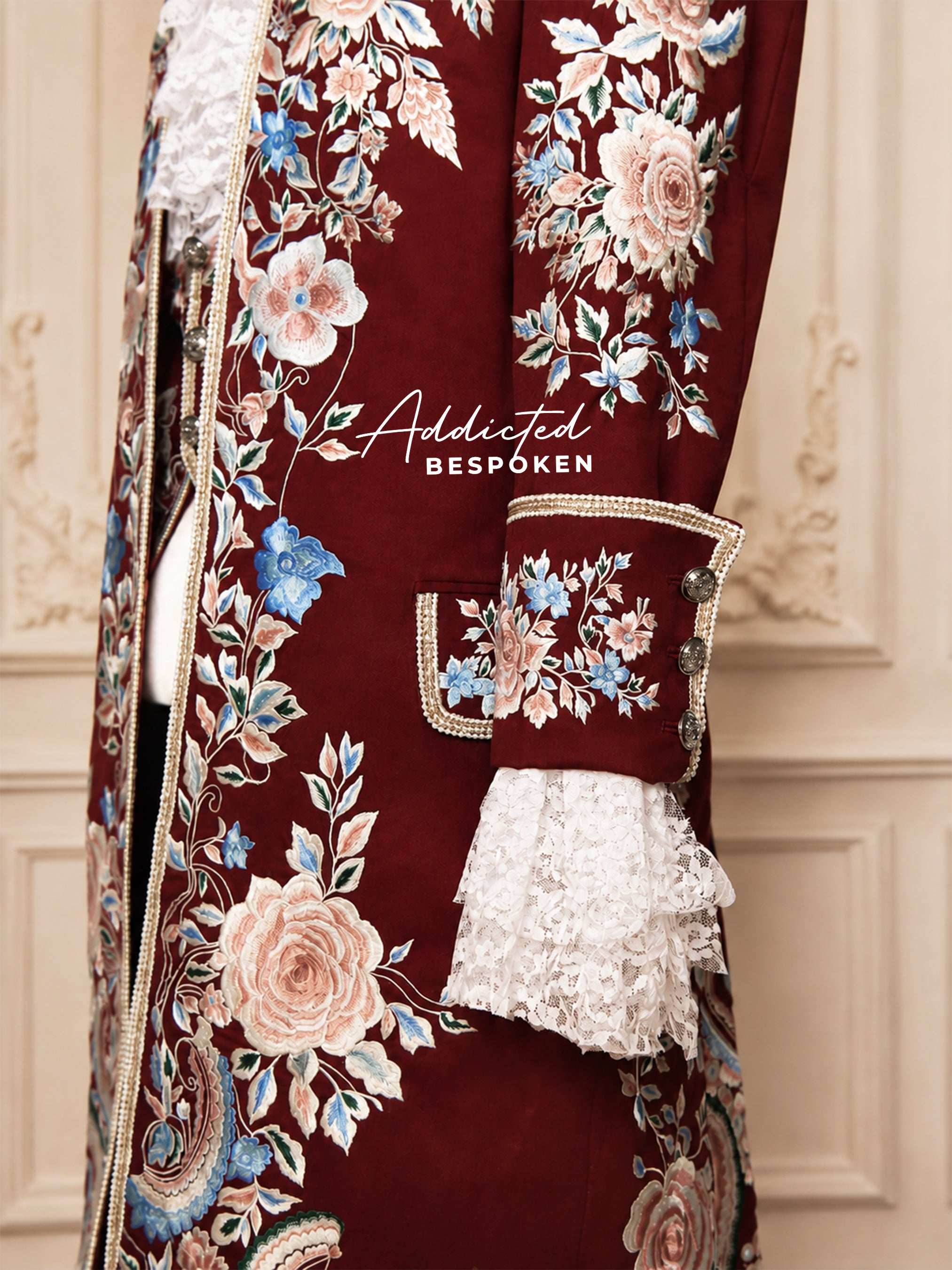 Burgundy Embroidered Men's Long Coat Addicted Bespoken