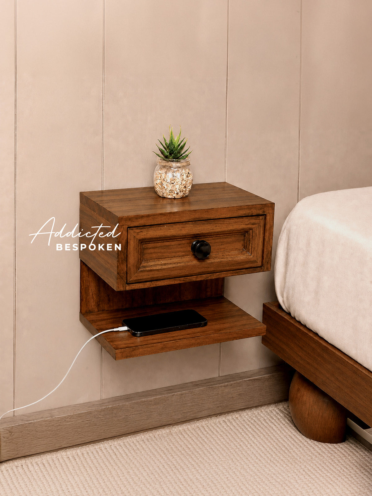 Custom handmade wooden floating nightstand | Wall mounted bedside table with drawer and open shelf, mid-century style Addicted Bespoken
