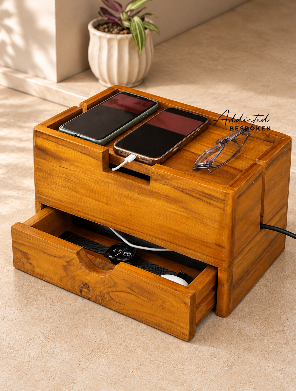 Wooden Charging Station with Drawer