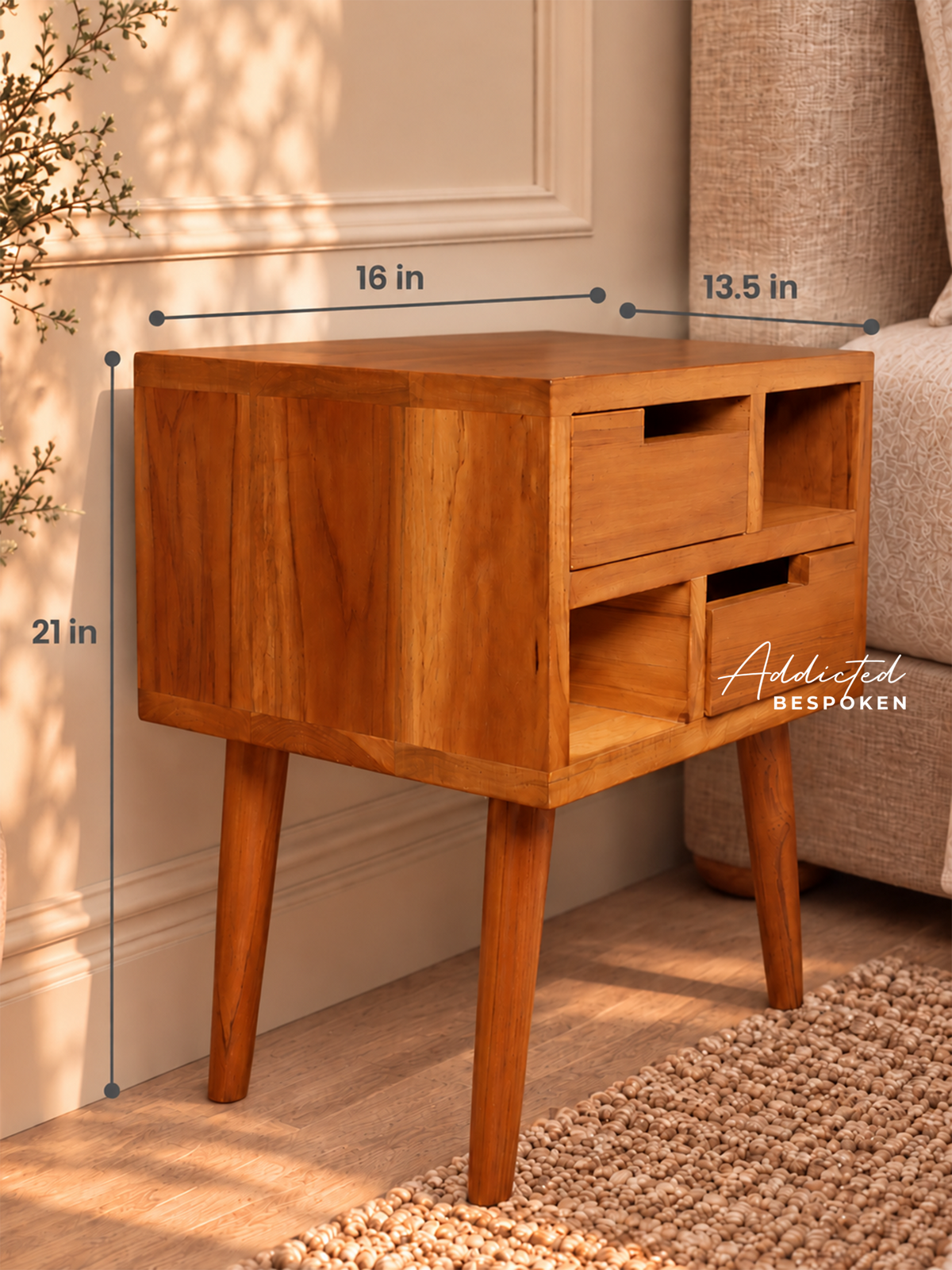 Custom handmade wooden side table | Mid-century bedside table with drawers and open shelves Addicted Bespoken
