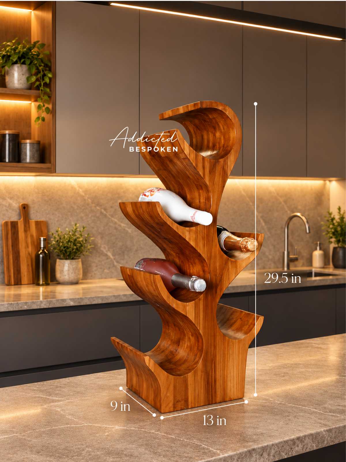 Handcrafted Teak Wood Wine Rack | Tree Shaped Floor Wine Bottle Holder | Rustic Home Bar Decor Addicted Bespoken