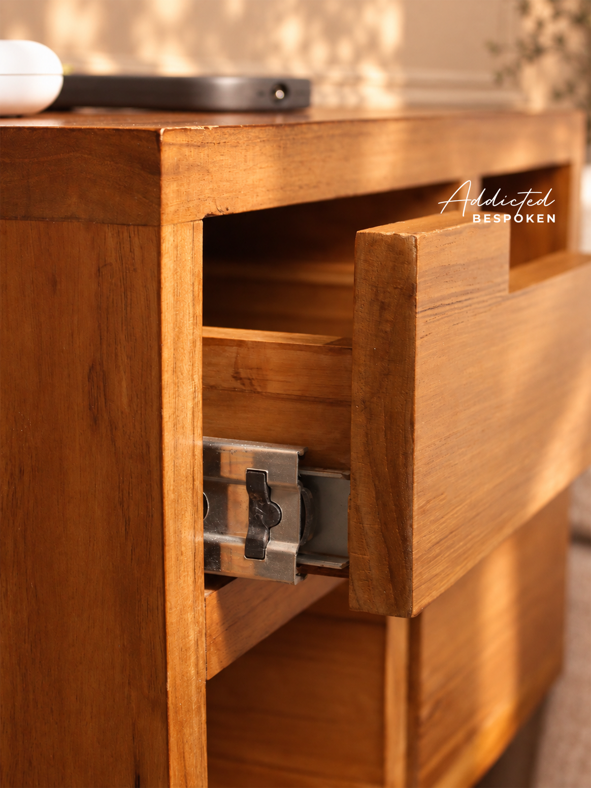 Custom handmade wooden side table | Mid-century bedside table with drawers and open shelves Addicted Bespoken