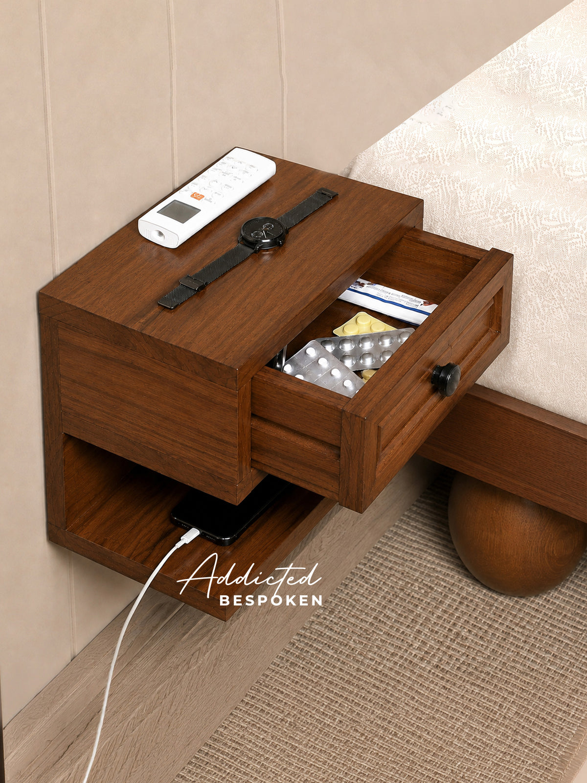 Custom handmade wooden floating nightstand | Wall mounted bedside table with drawer and open shelf, mid-century style Addicted Bespoken