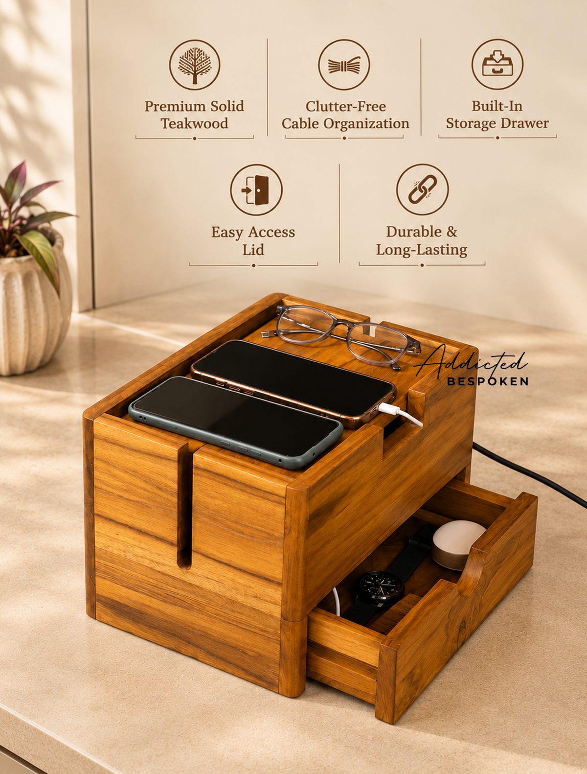 Wooden Charging Station with Drawer