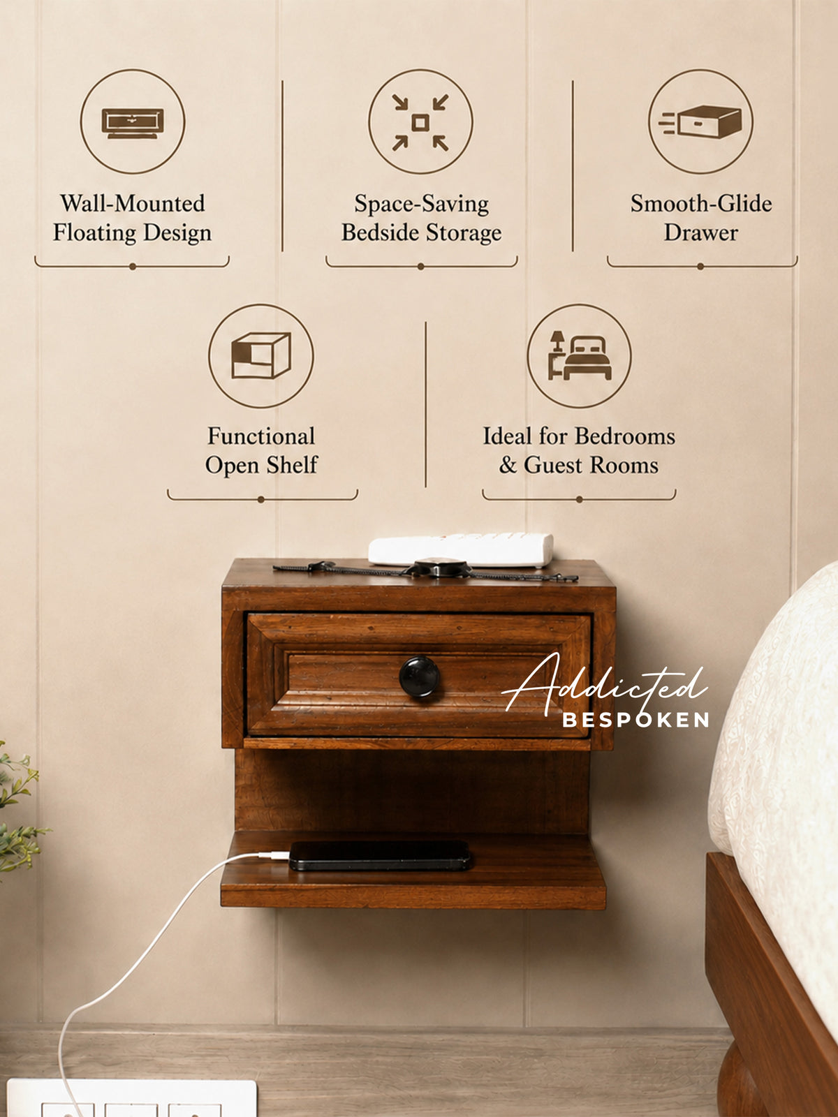 Custom handmade wooden floating nightstand | Wall mounted bedside table with drawer and open shelf, mid-century style Addicted Bespoken