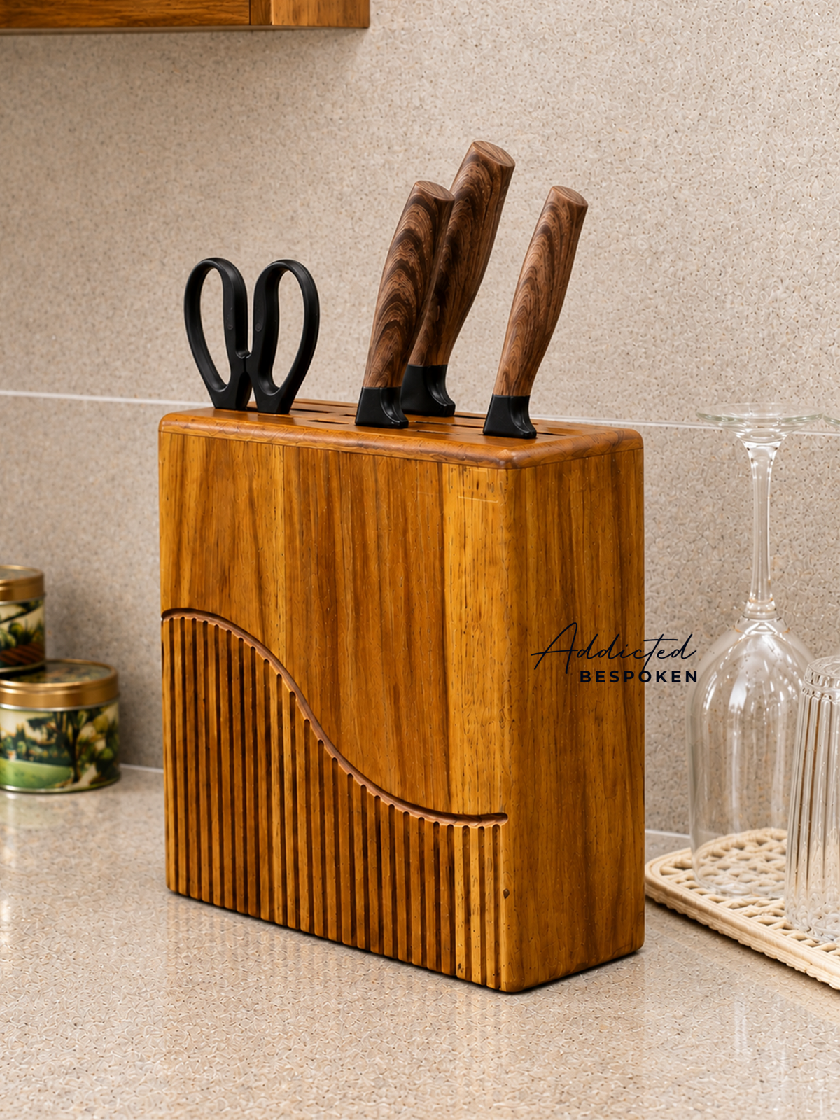 Custom handmade wooden knife block | Countertop knife holder with scissor slot Addicted Bespoken