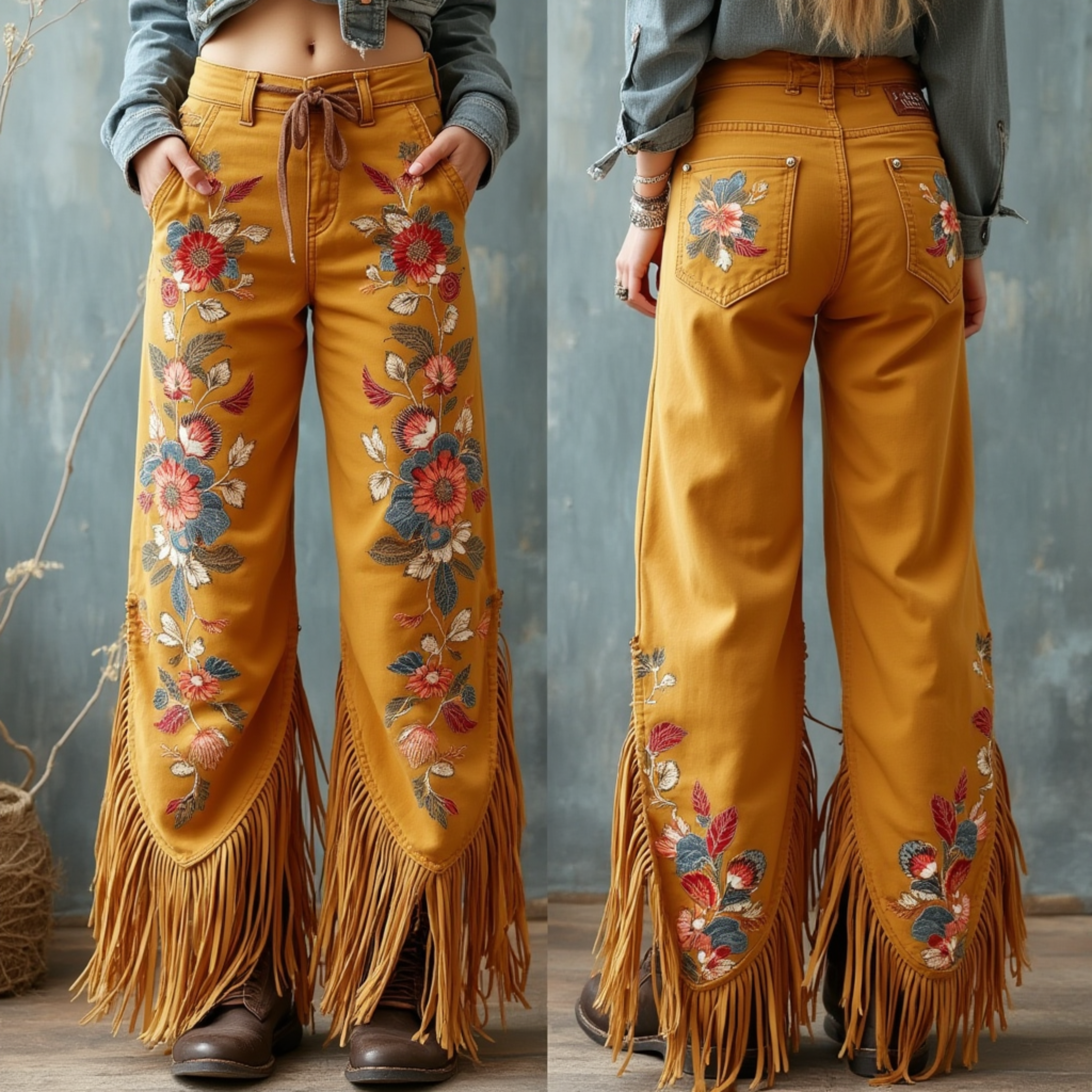 Bold Floral Embroidered Western Dress Pants