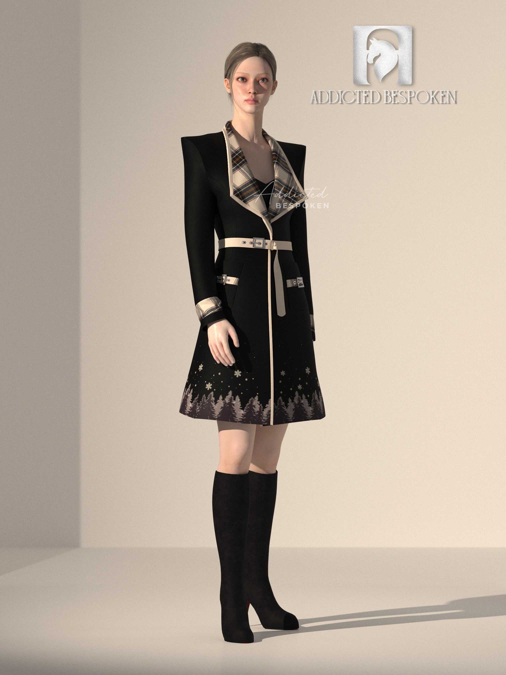 Classic Black Coat with Beige Check Collar & Embroidered Hem