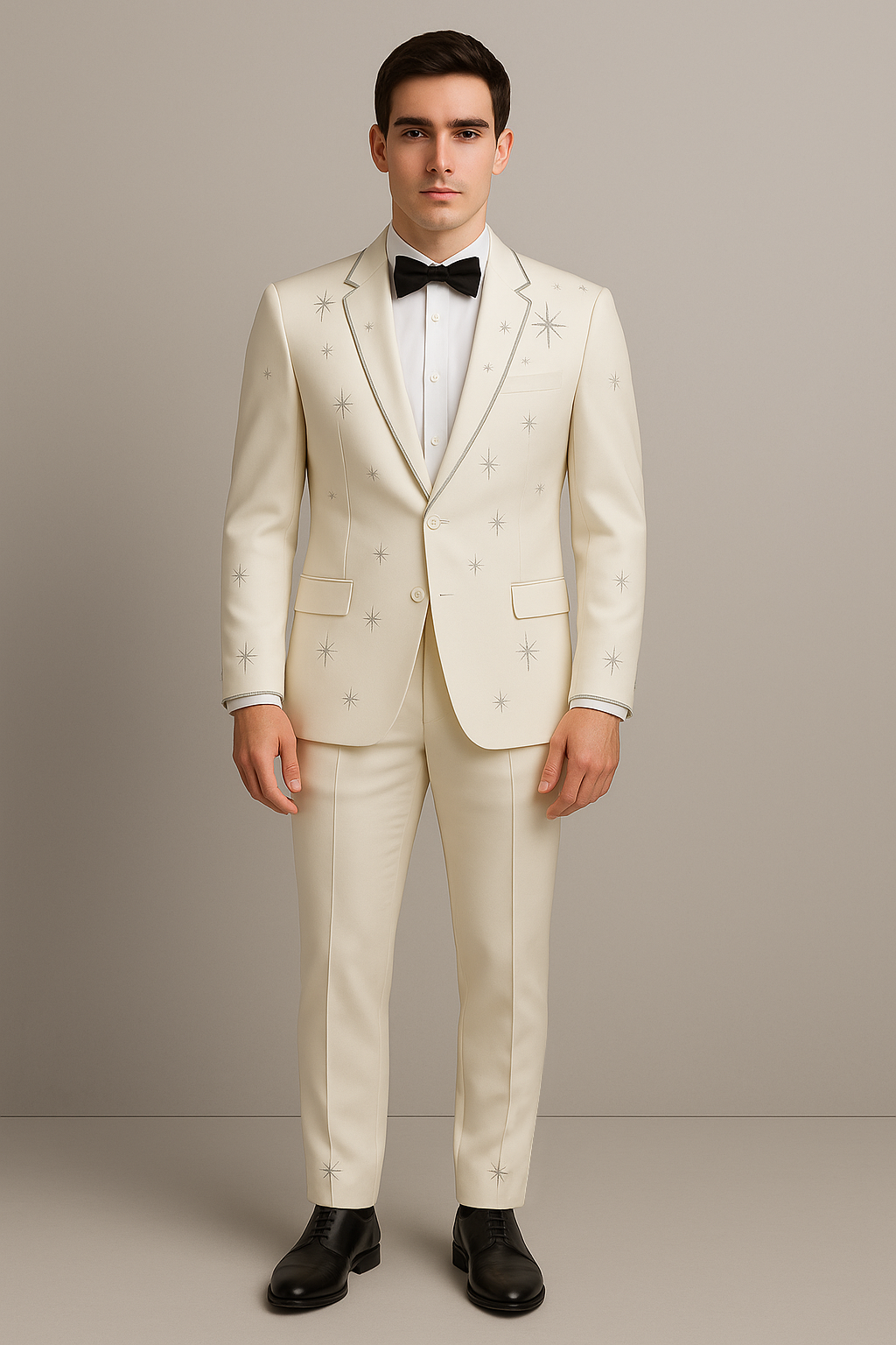 Man wearing a white suit with a bow tie against a plain background