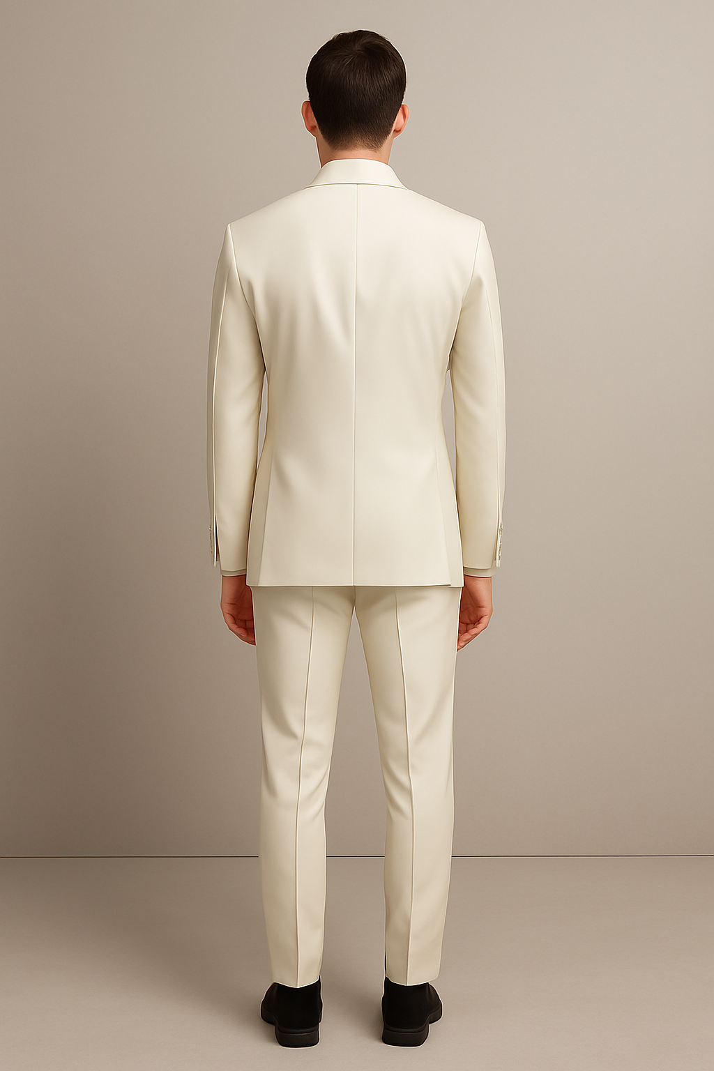 Man wearing a beige suit standing against a plain background