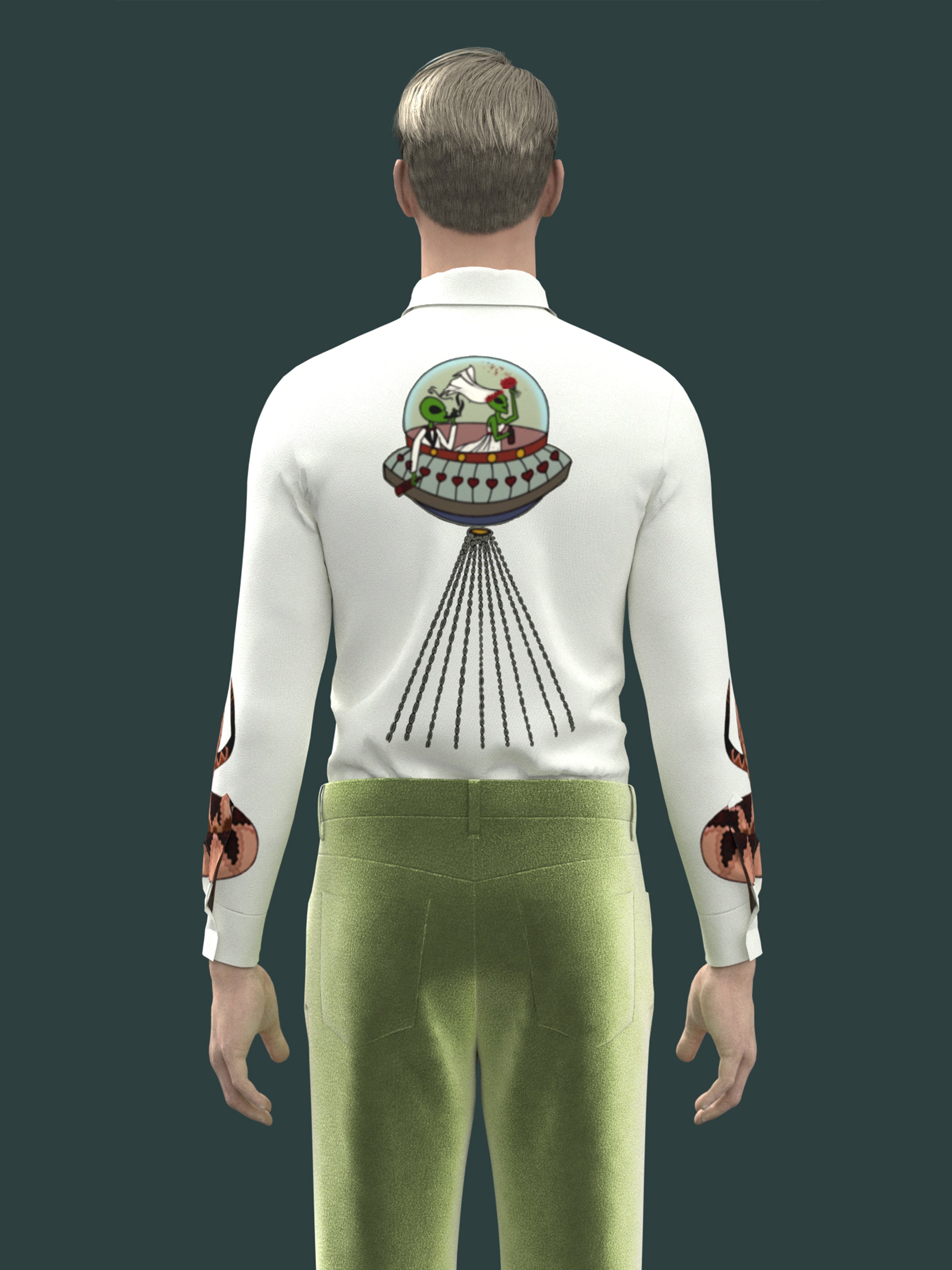 Back view of male model in white embroidered western shirt with desert-inspired motifs – Addicted Bespoken