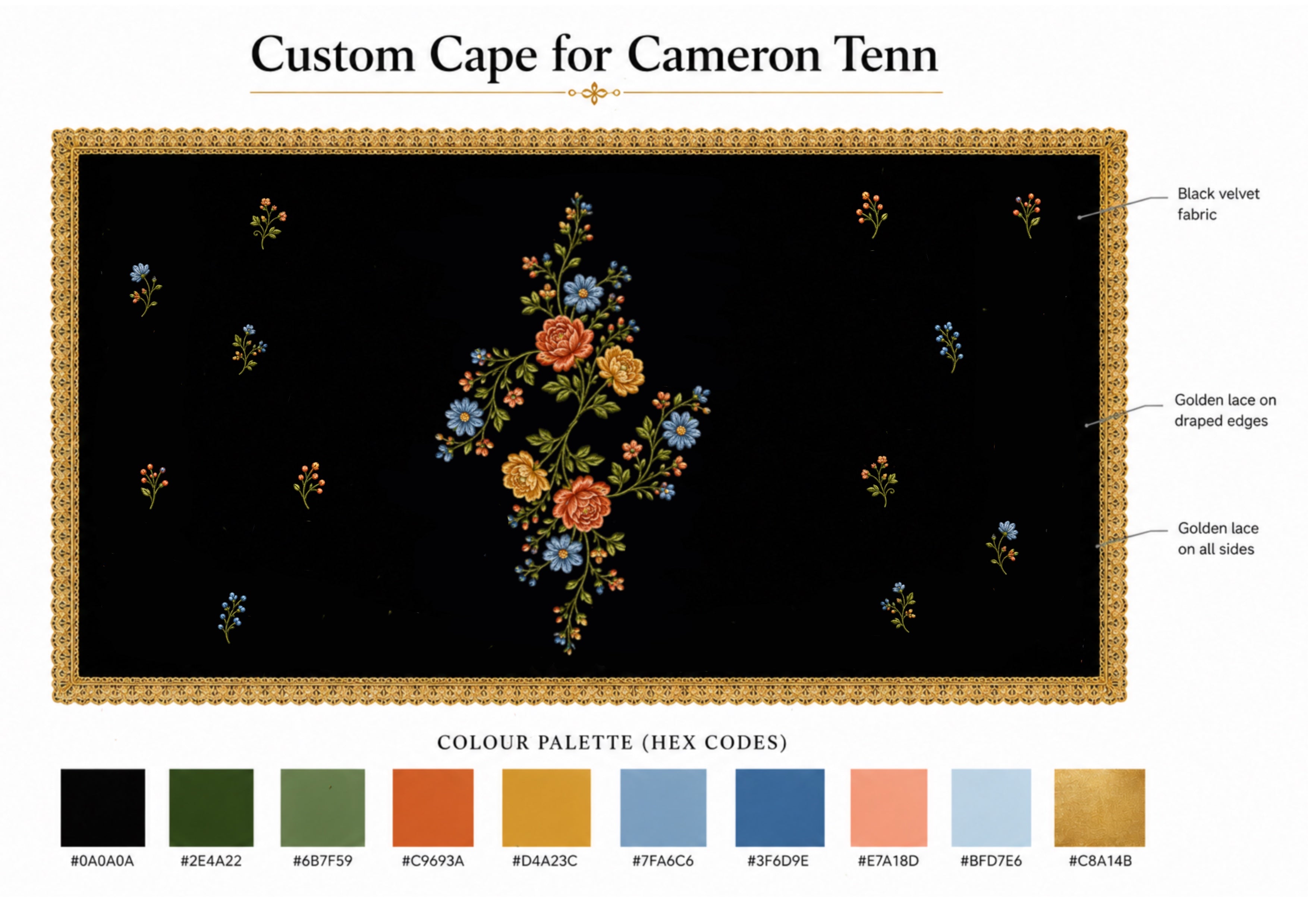 Custom Black Velvet Waist Length Embroidered Cape for Cameron Tenn $550 Addicted Bespoken