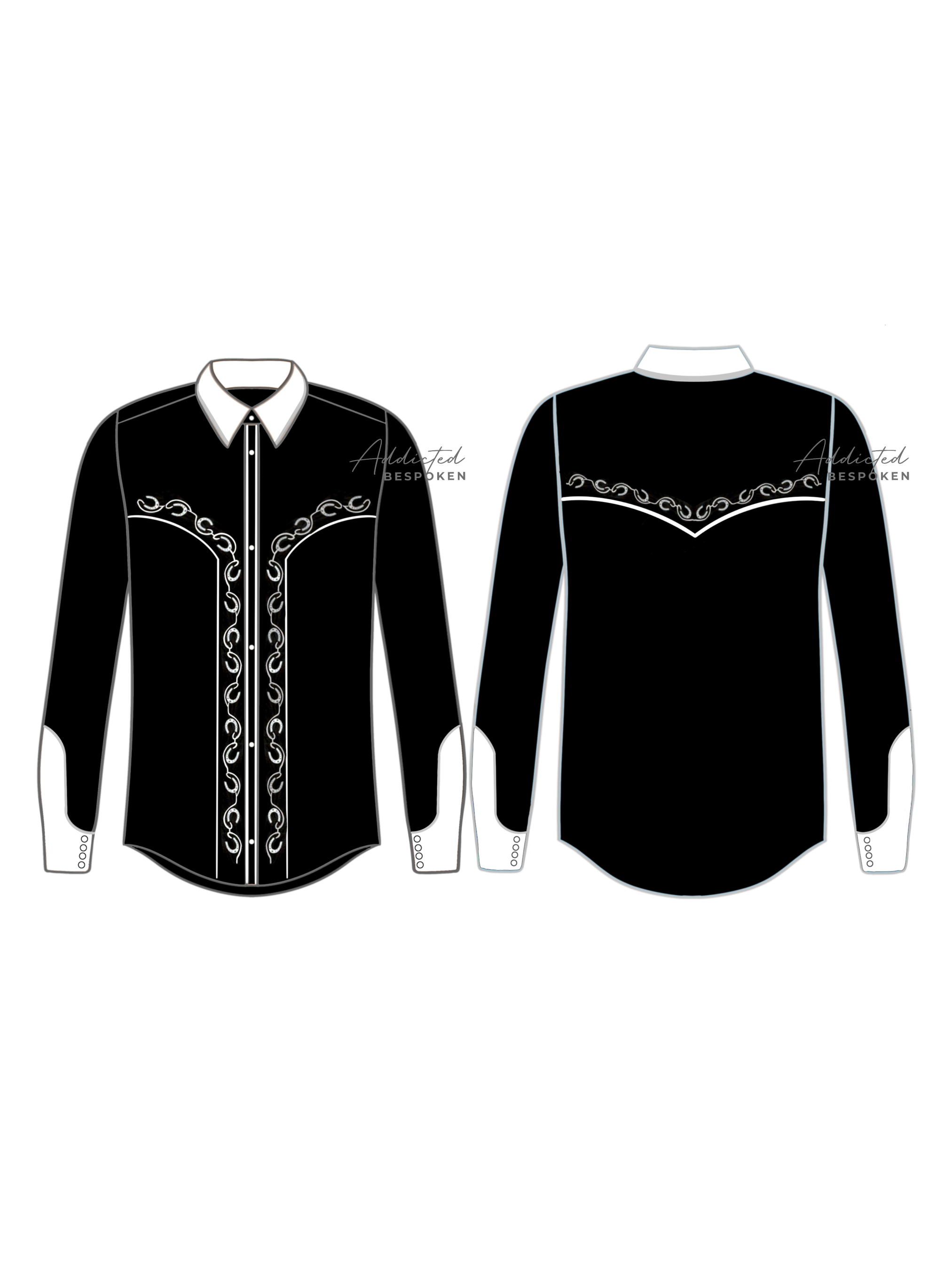 Front and back flat sketch of black western shirt with white embroidery on chest and sleeves โ Addicted Bespoken