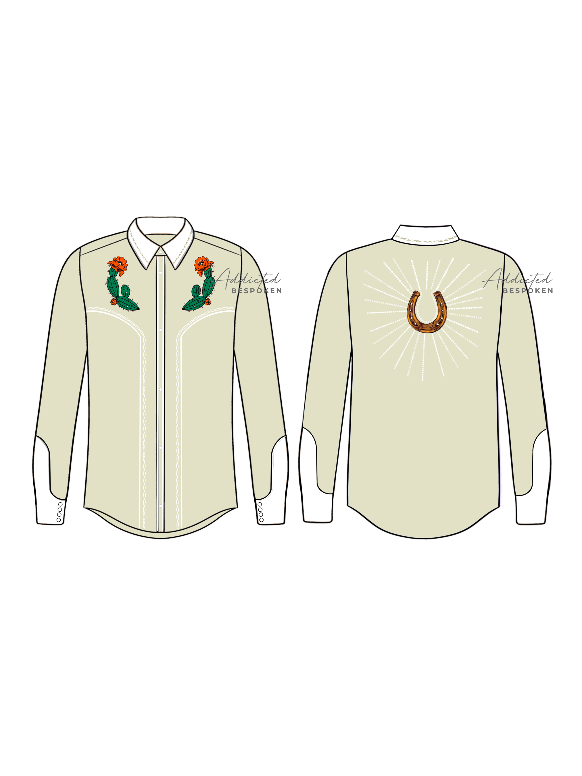 Front and back flat sketch of cream western shirt with floral embroidery and horseshoe motif – Addicted Bespoken