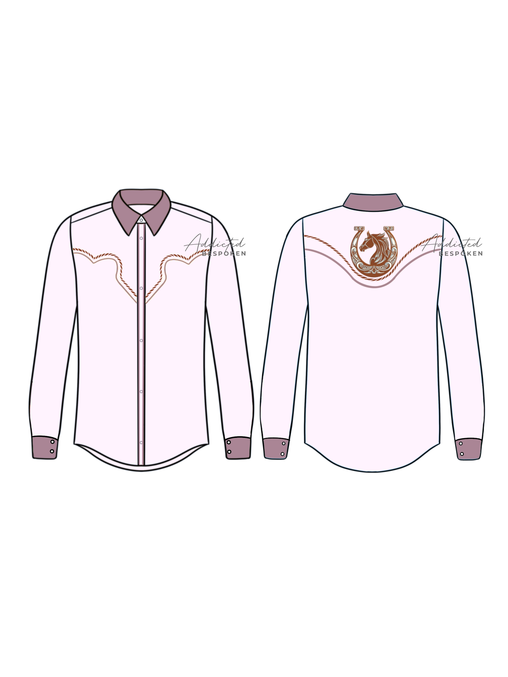 Front and back flat sketch of light pink western shirt with maroon collar, cuffs, and embroidered horse motif – Addicted Bespoken