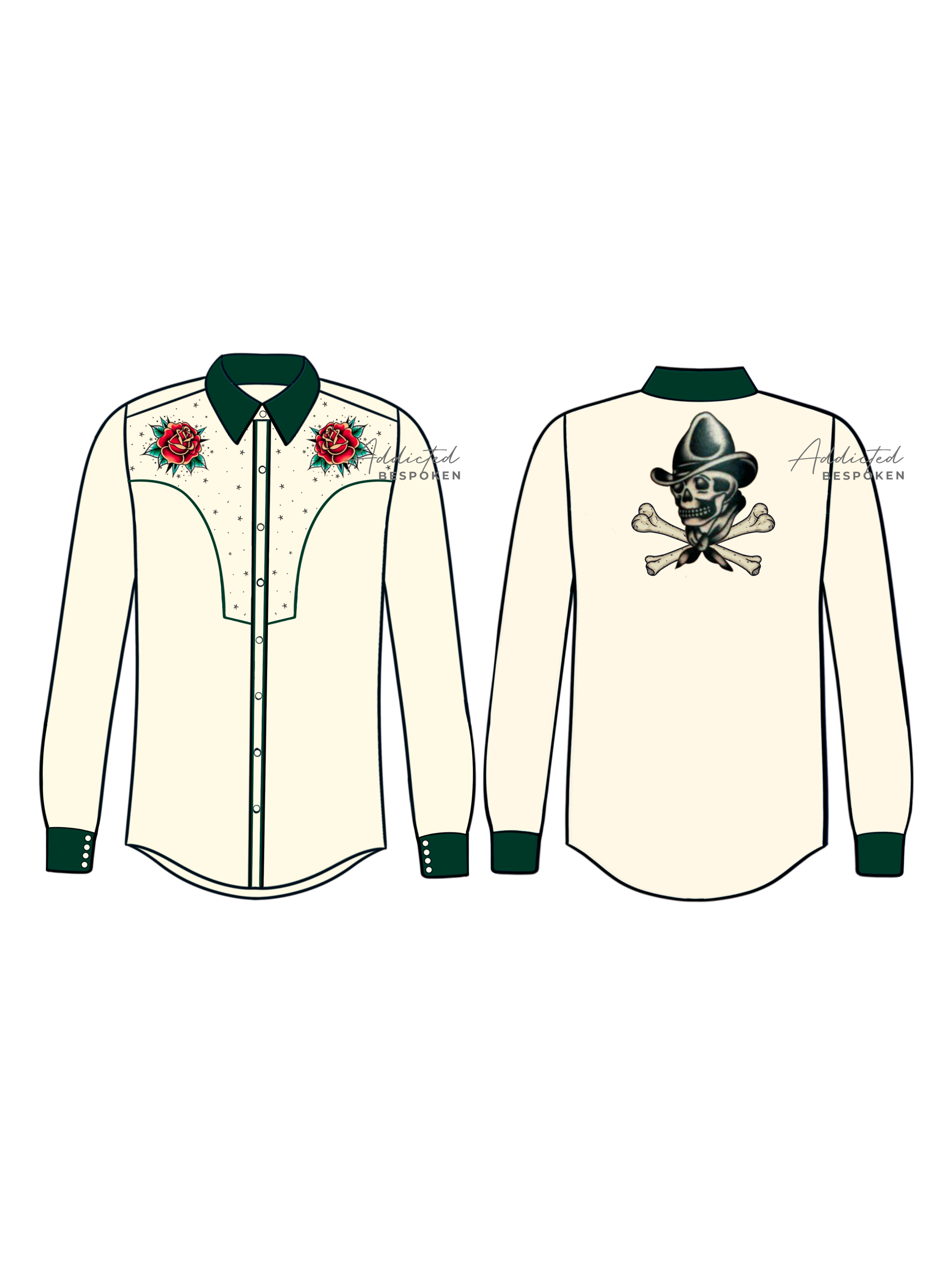 Front and back flat sketch of cream western shirt with green collar, cuffs, and floral embroidery – Addicted Bespoken