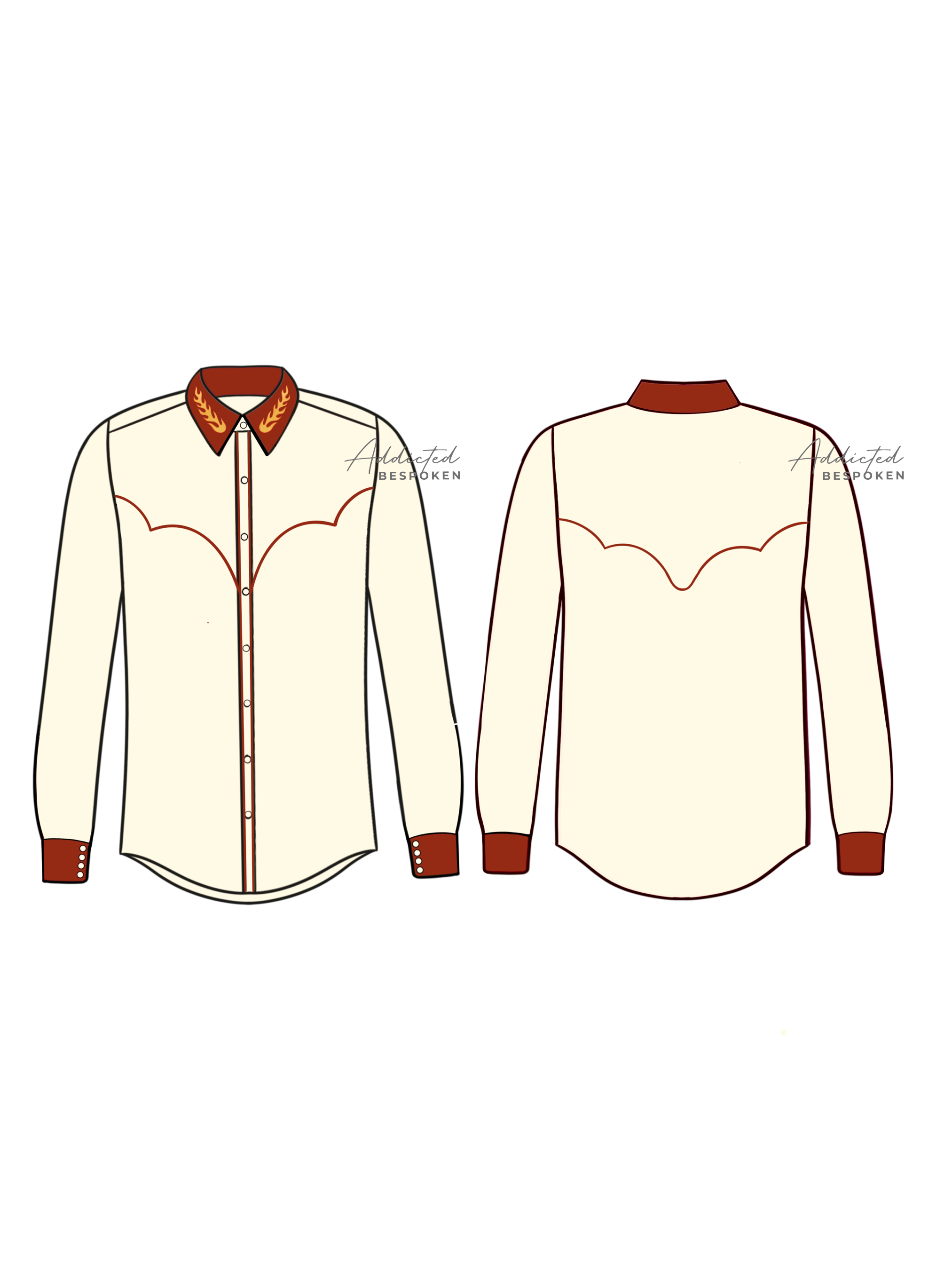 Front and back flat sketch of cream western shirt with brown collar, cuffs, and piping – Addicted Bespoken