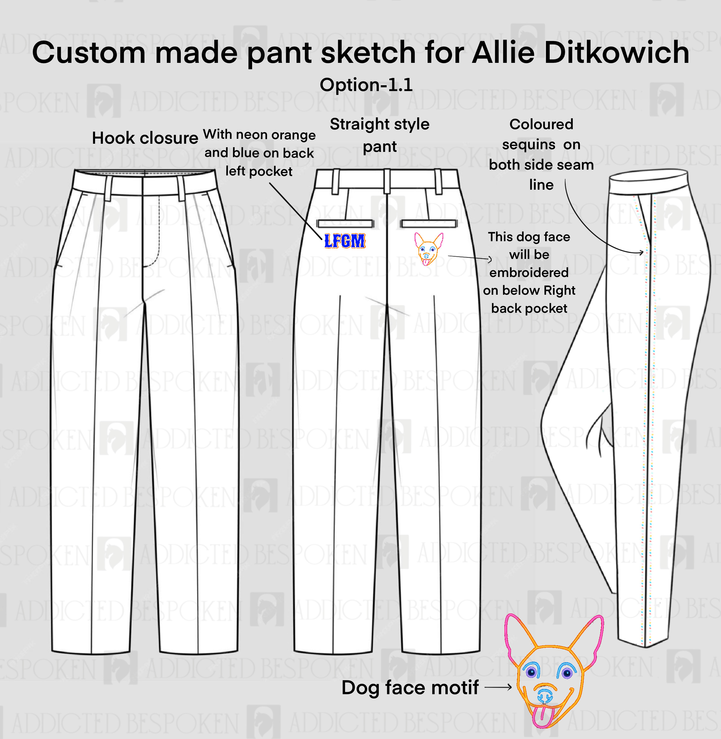 Custom made 2pc emb. suit for Allie