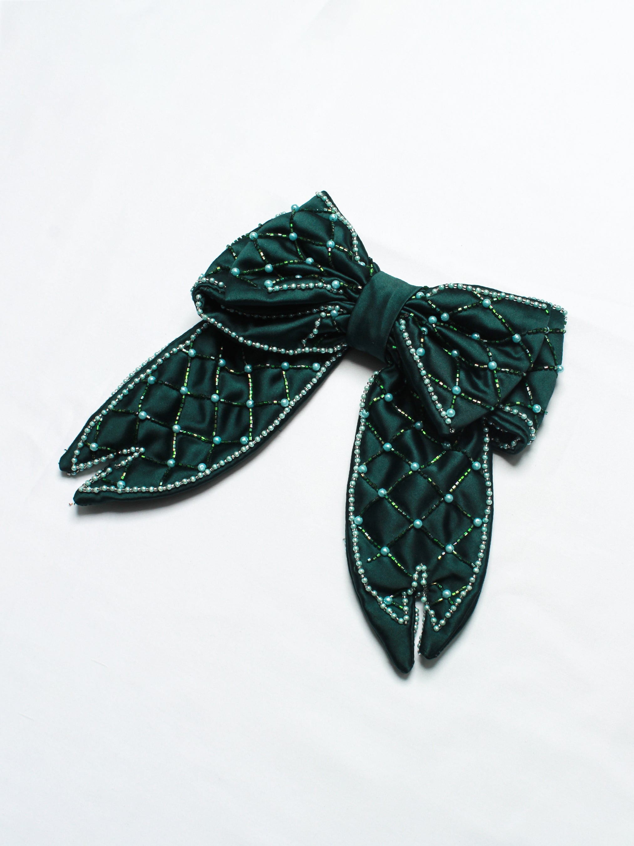 Emerald Luxe Beaded Hair Bow Clip