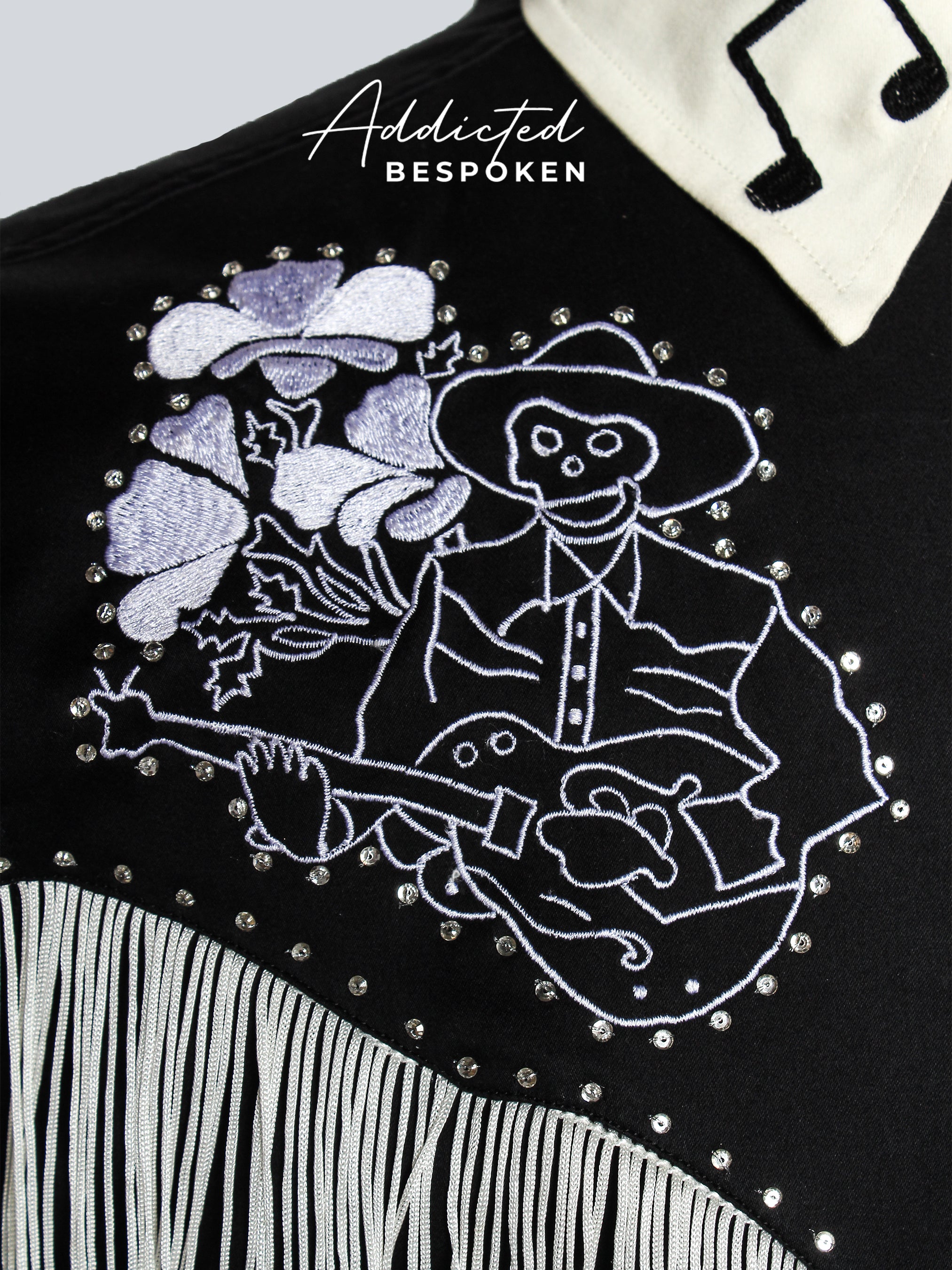 Close-up collar and chest embroidery details on black and white western shirt – Addicted Bespoken