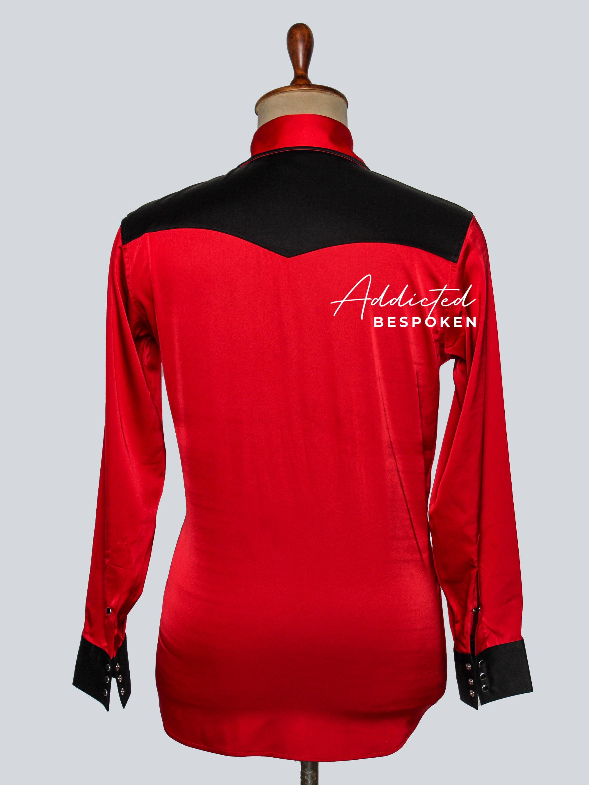 Back view of red and black western shirt with contrast panel design – Addicted Bespoken