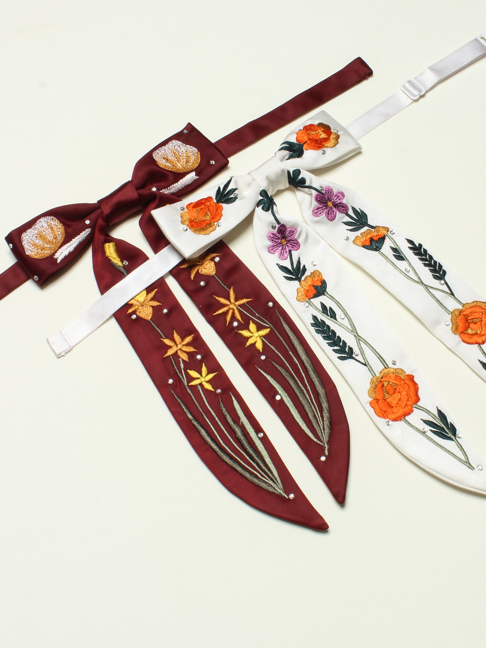 Floral Embroidery String Bow Tie
