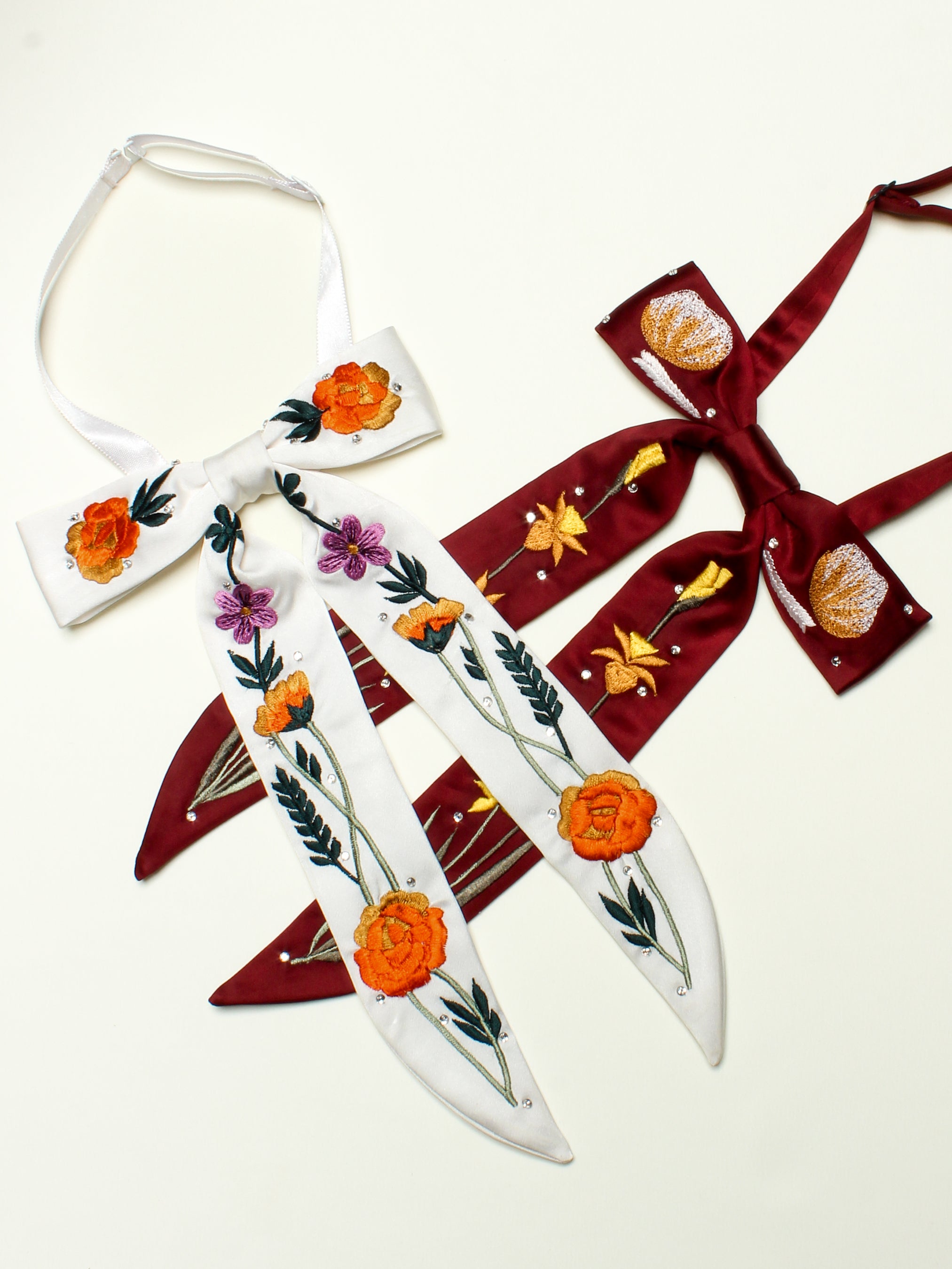 Floral Embroidery String Bow Tie