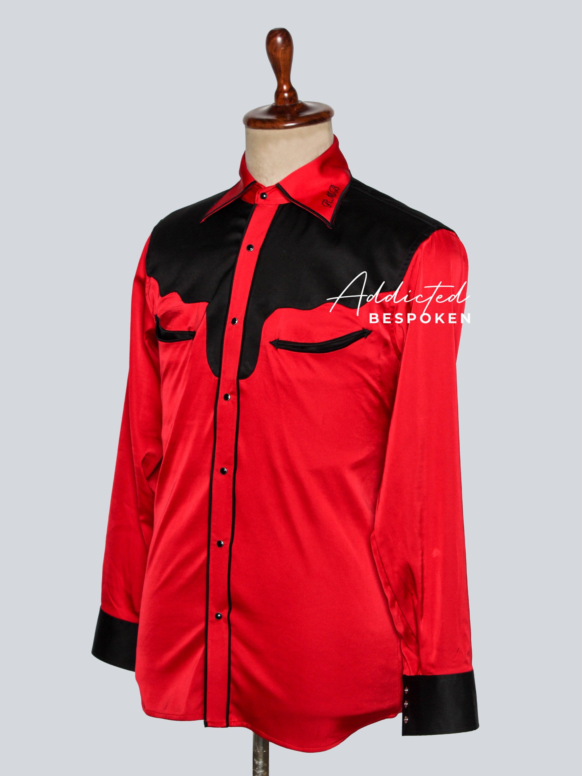 Side angled view of red and black western shirt with button front – Addicted Bespoken