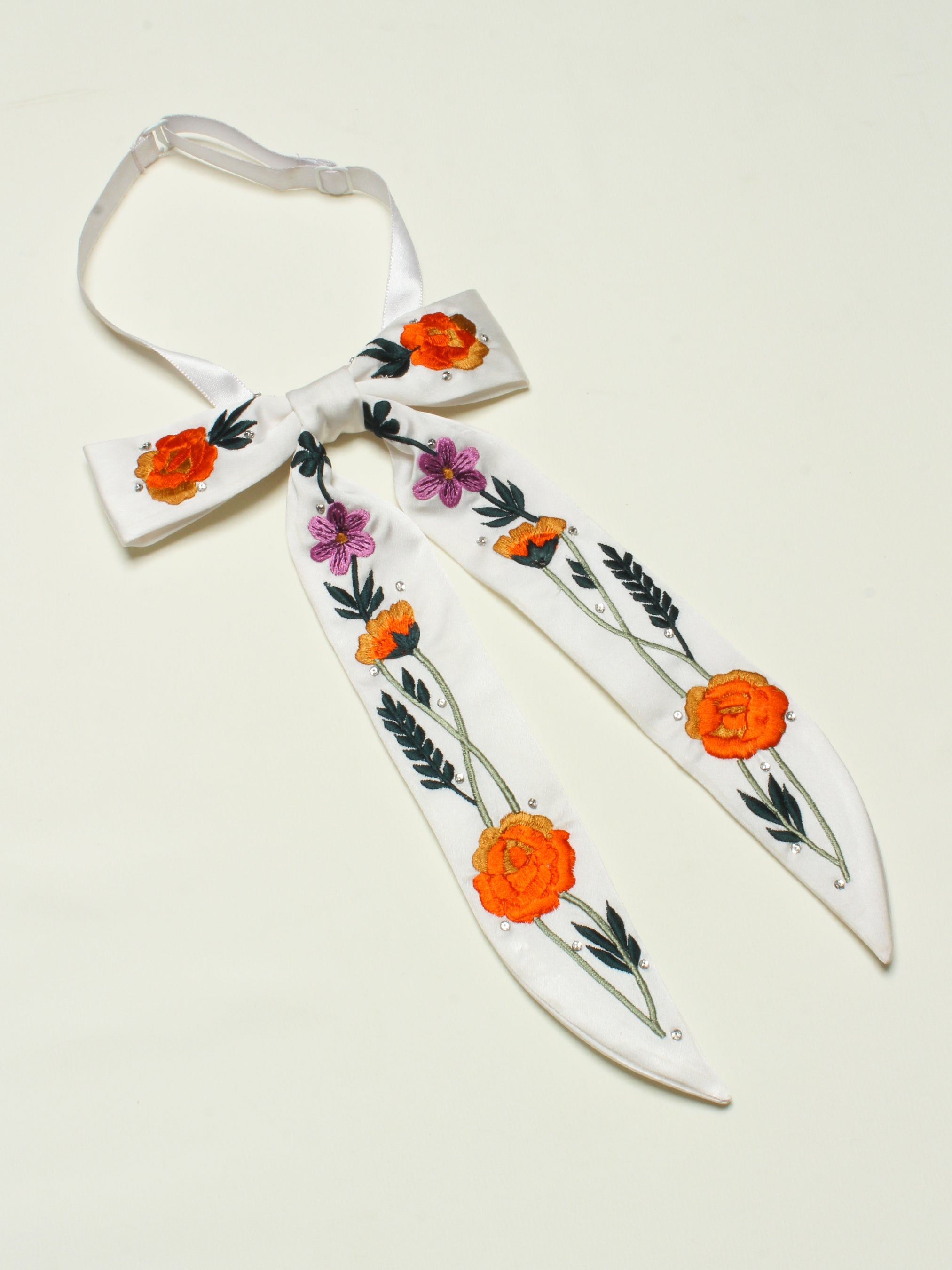 Floral Embroidery String Bow Tie