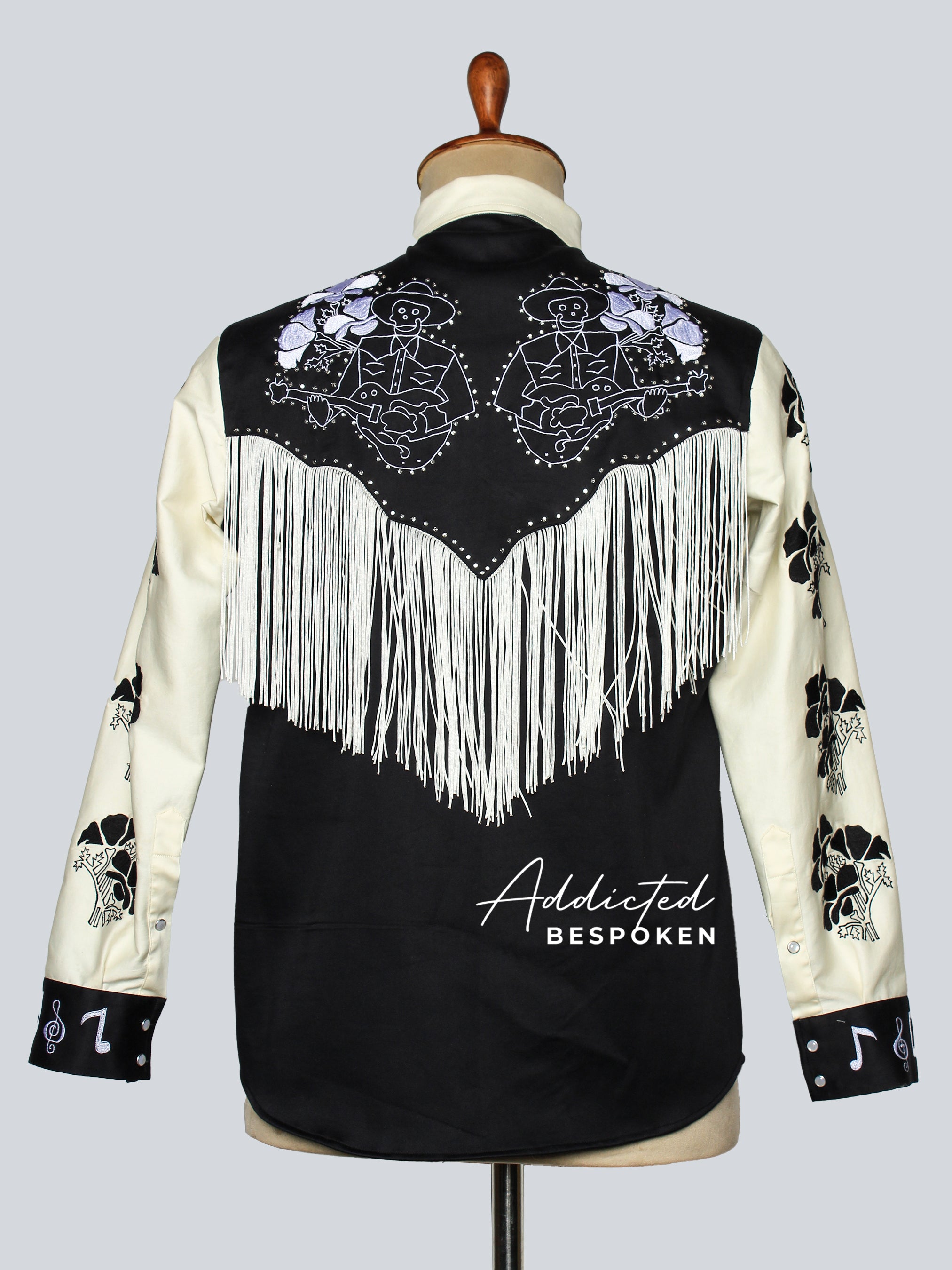 Back view of black and white western shirt with fringe and embroidered floral motif – Addicted Bespoken