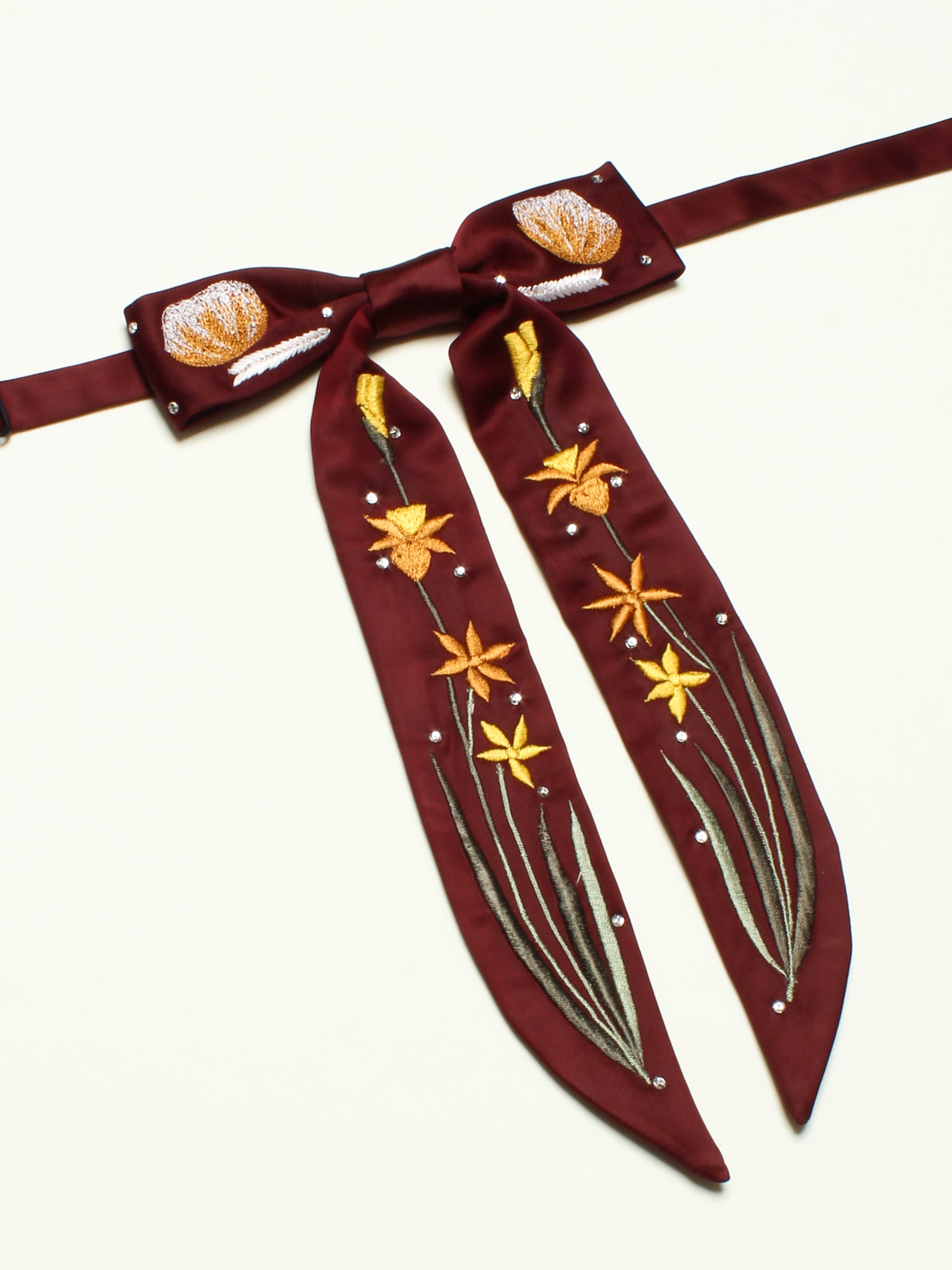 Floral Embroidery String Bow Tie