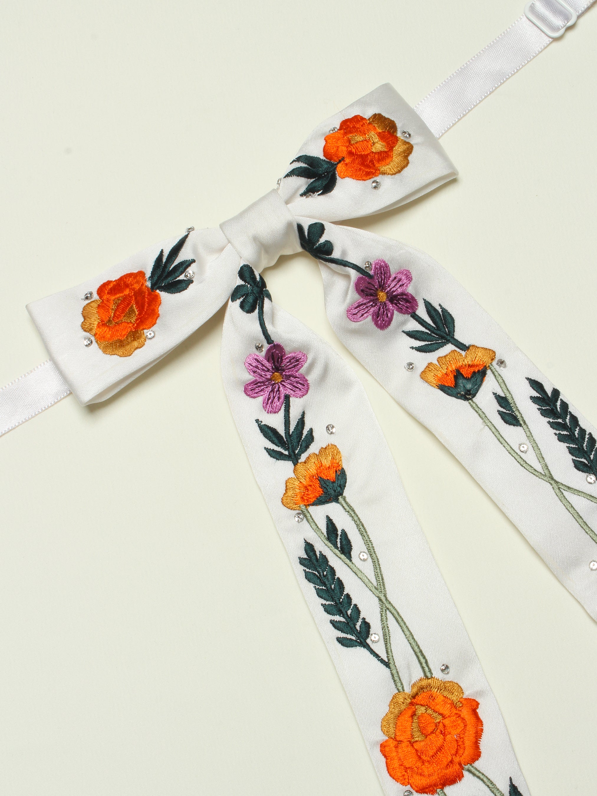 Floral Embroidery String Bow Tie